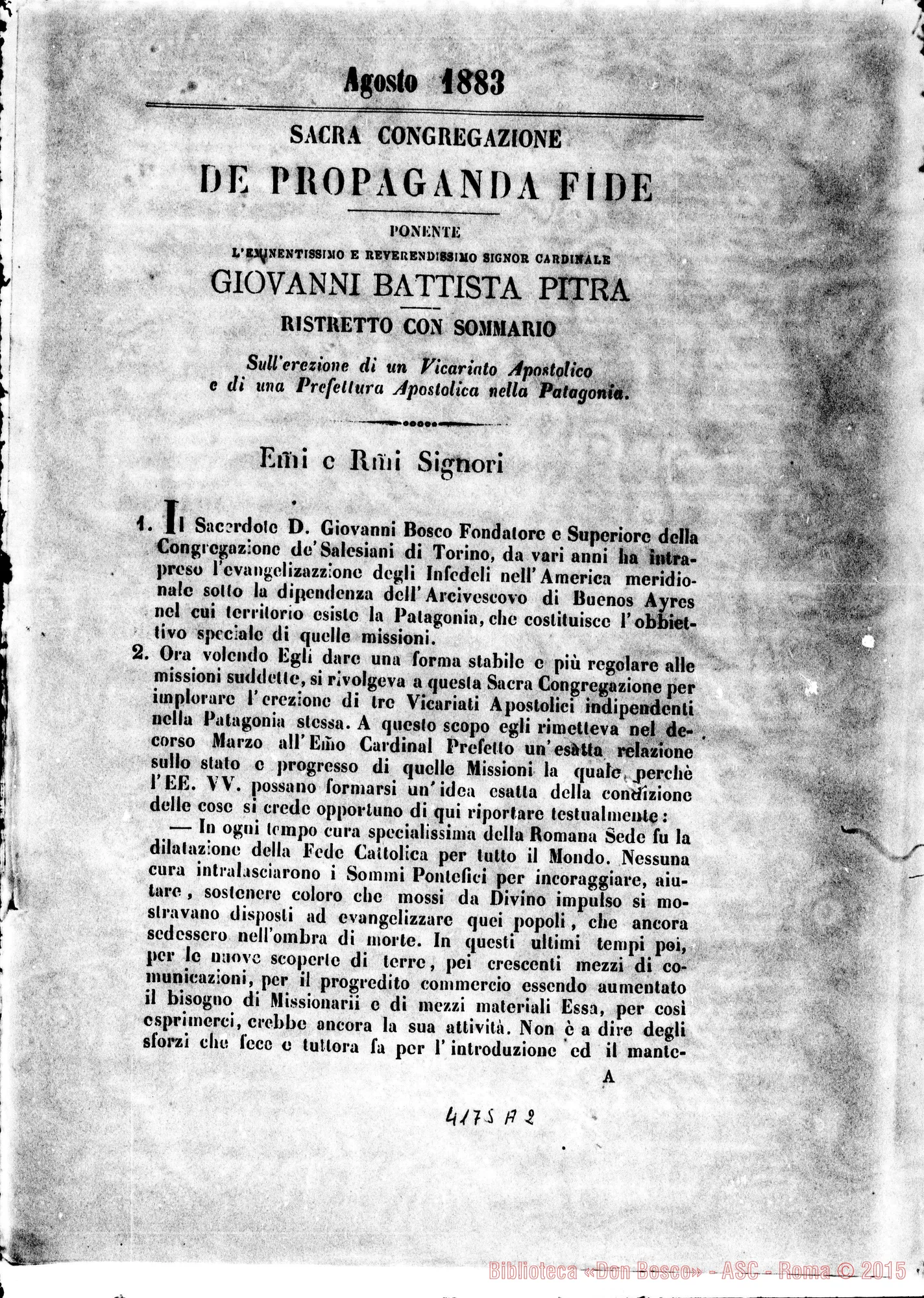 Fotogramma A 2 — Sull’erezione di un Vicariato ed una Pref. Apost. nella Patagonia. Sacra Congr. di Prop. Fide. Stampato