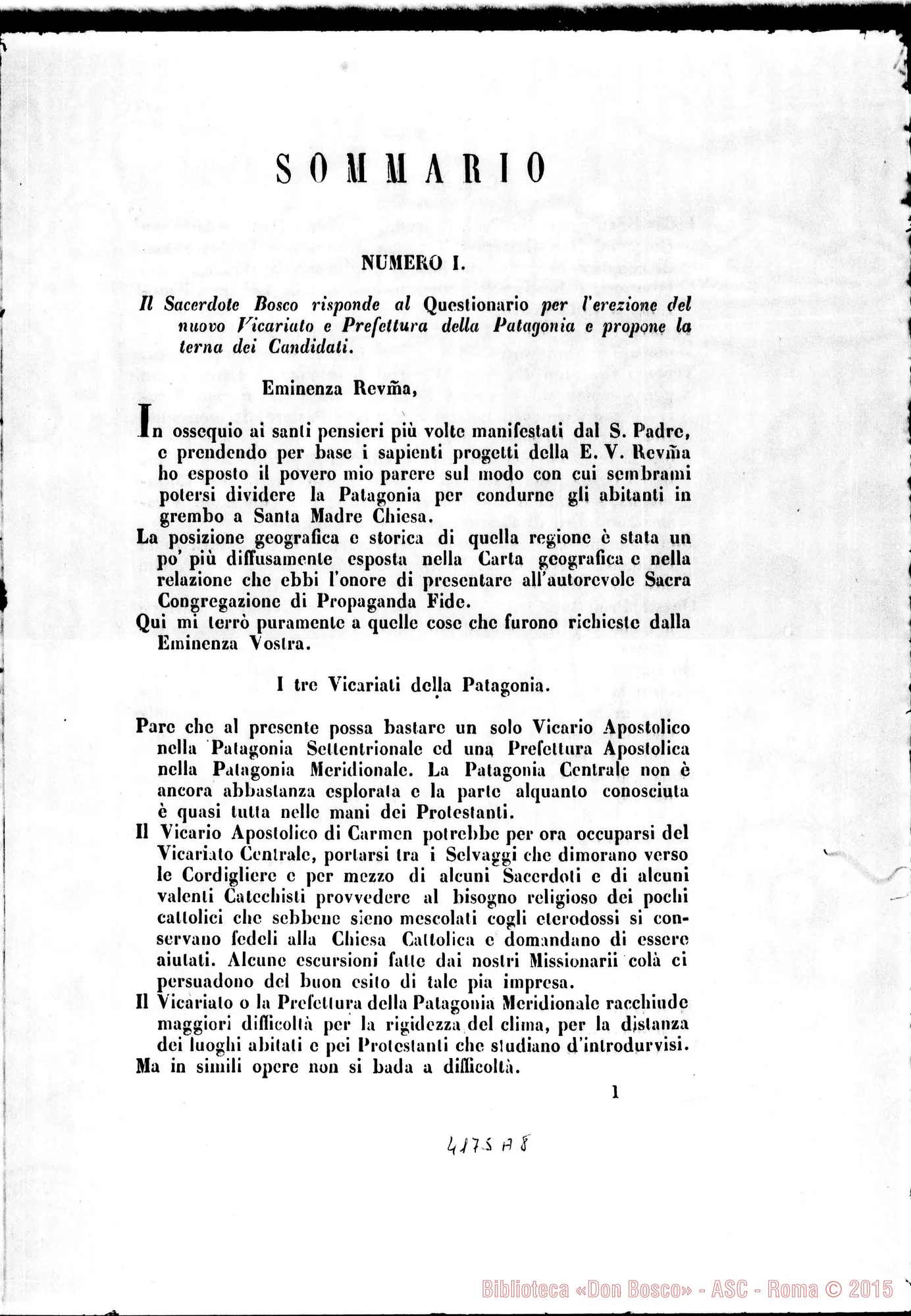Fotogramma A 8 — Sull’erezione di un Vicariato ed una Pref. Apost. nella Patagonia. Sacra Congr. di Prop. Fide. Stampato