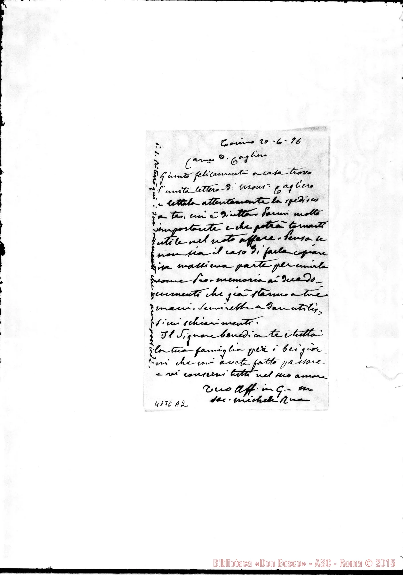 Fotogramma A 2 — Don Rua-Don Cagliero. Torino, 20-06-1896. Ms. autogr. Rua