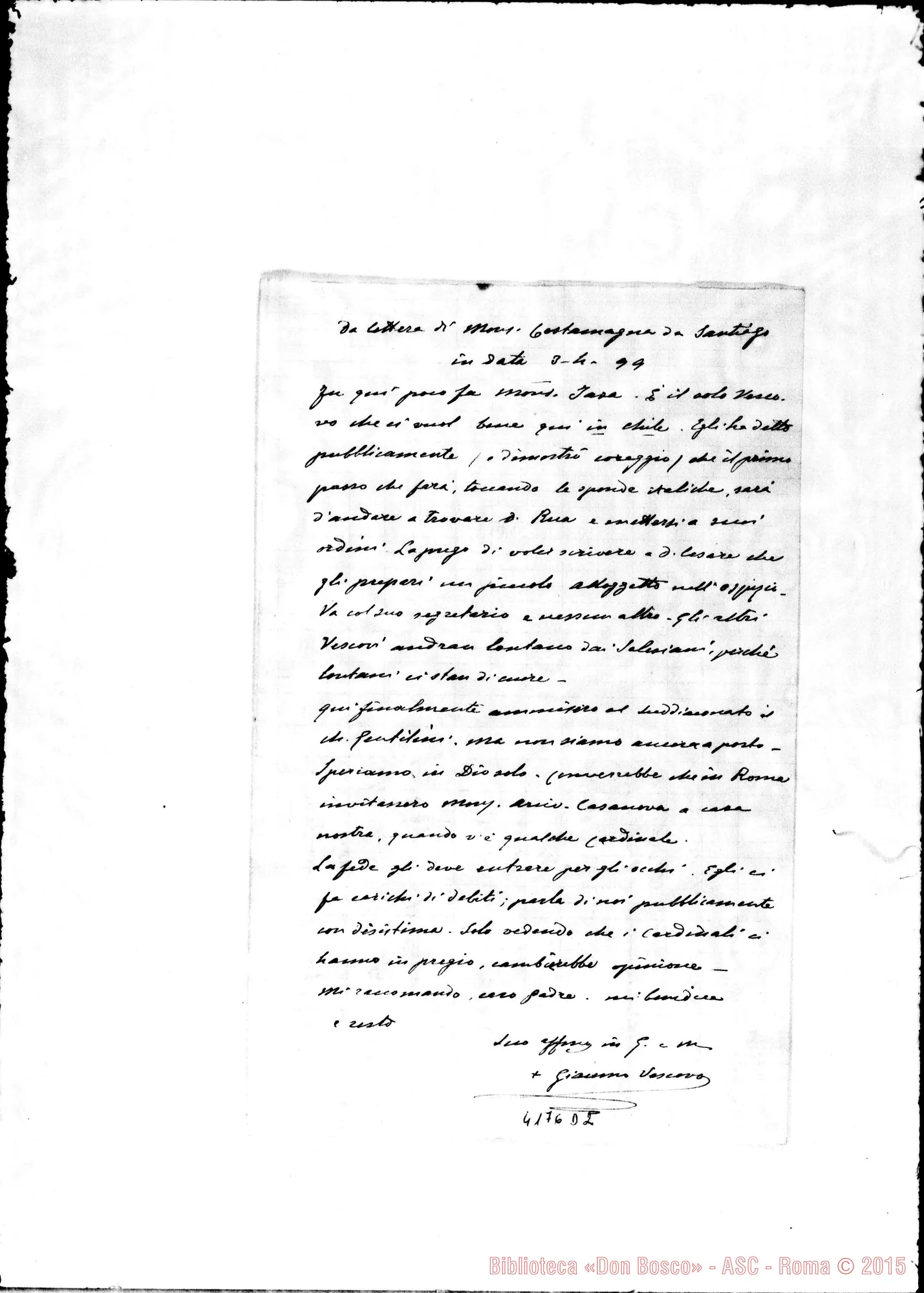 Fotogramma D 2 — Don Rua-Don Cagliero C.. Torino, 16-05-1899. Ms. autogr. Rua. All. estratto della lett. di D. Costamagna: Santiago, 3-04-1899