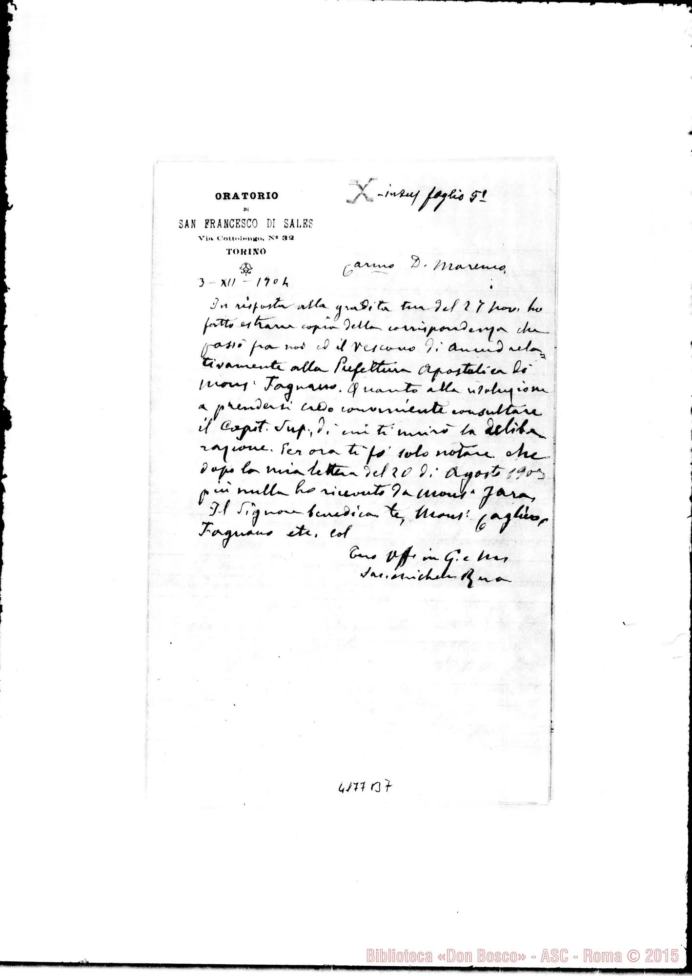 Fotogramma B 7 — Don Rua-Don Marenco. Torino, 3-12-1904. Ms. autogr. Rua. All. copia di lett. relative alla Pref. Apost. di Mons. Fagnano, con postille autogr. Rua
