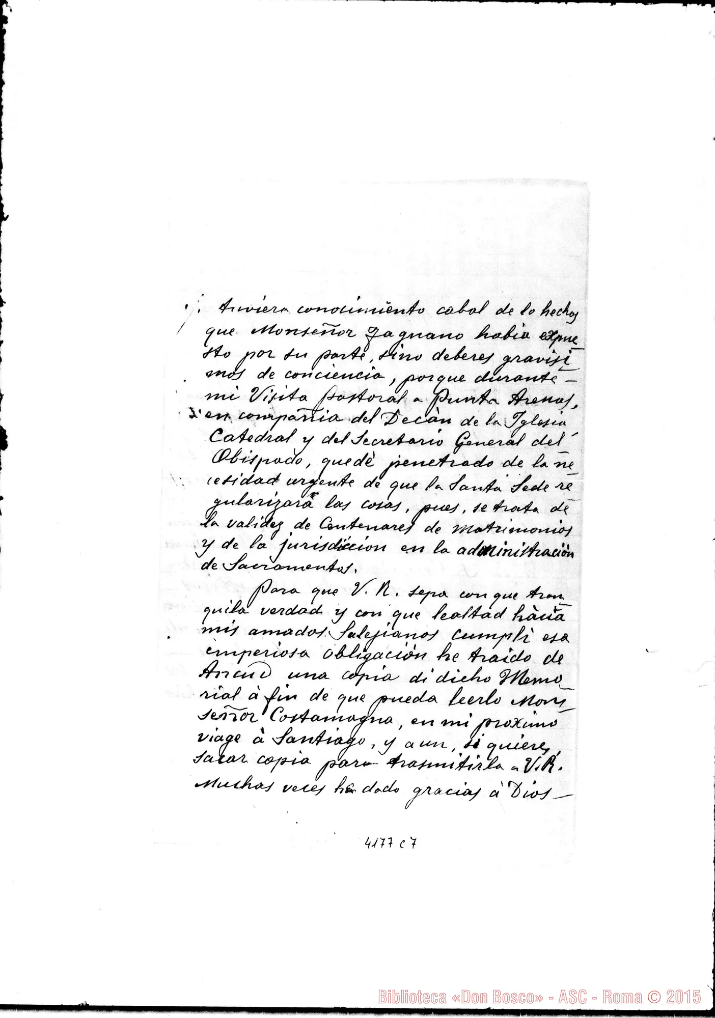 Fotogramma C 7 — Don Rua-Don Marenco. Torino, 3-12-1904. Ms. autogr. Rua. All. copia di lett. relative alla Pref. Apost. di Mons. Fagnano, con postille autogr. Rua