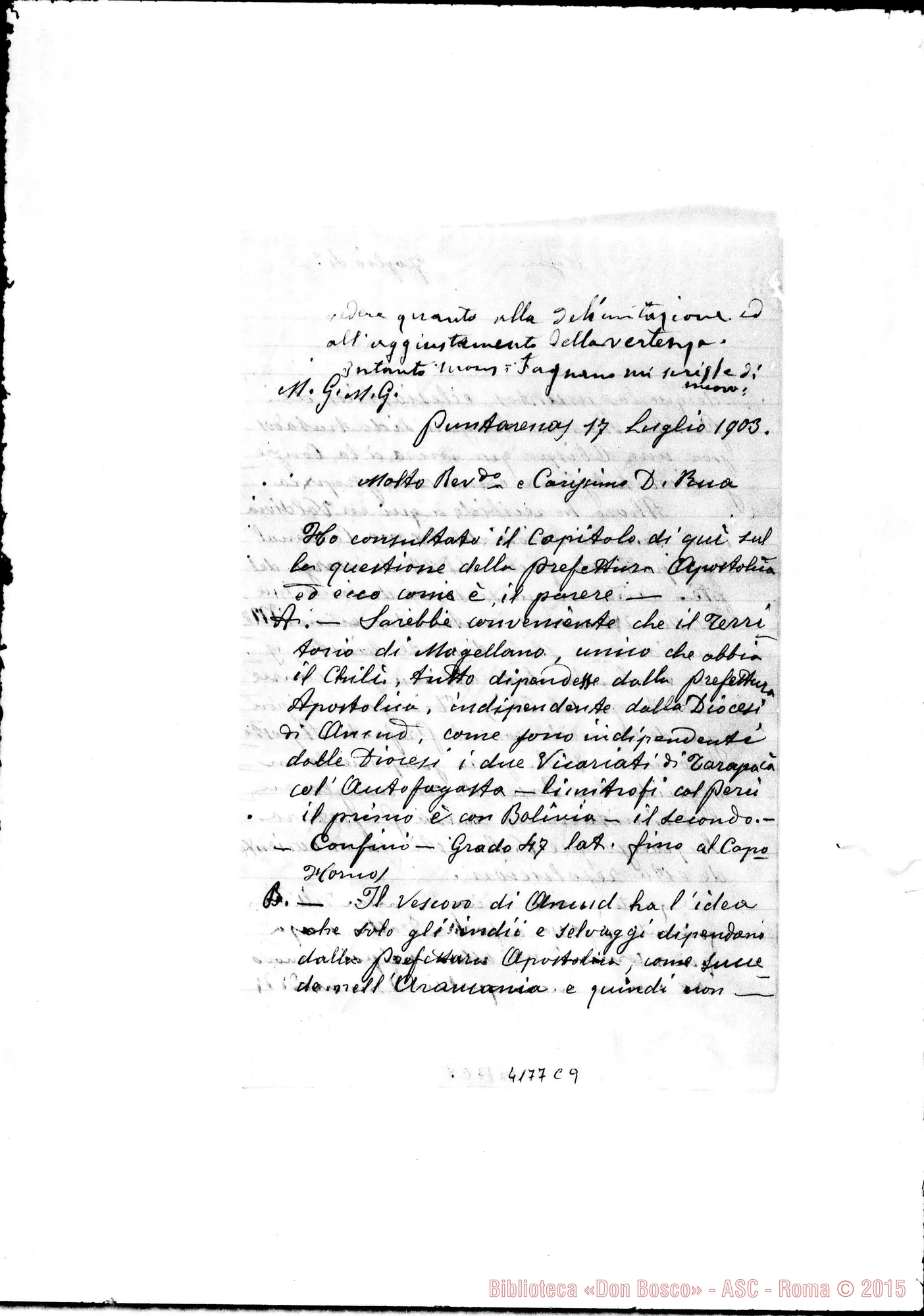 Fotogramma C 9 — Don Rua-Don Marenco. Torino, 3-12-1904. Ms. autogr. Rua. All. copia di lett. relative alla Pref. Apost. di Mons. Fagnano, con postille autogr. Rua