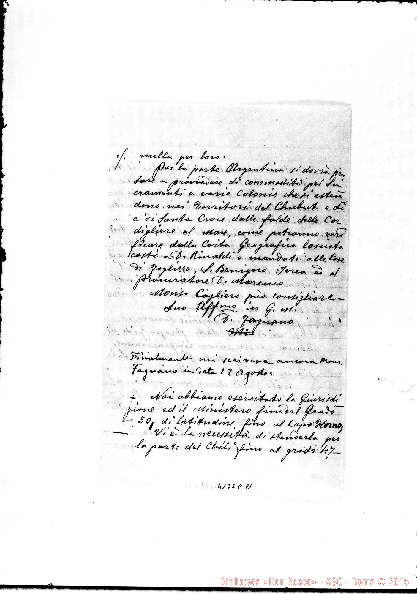 Fotogramma C 11 — Don Rua-Don Marenco. Torino, 3-12-1904. Ms. autogr. Rua. All. copia di lett. relative alla Pref. Apost. di Mons. Fagnano, con postille autogr. Rua