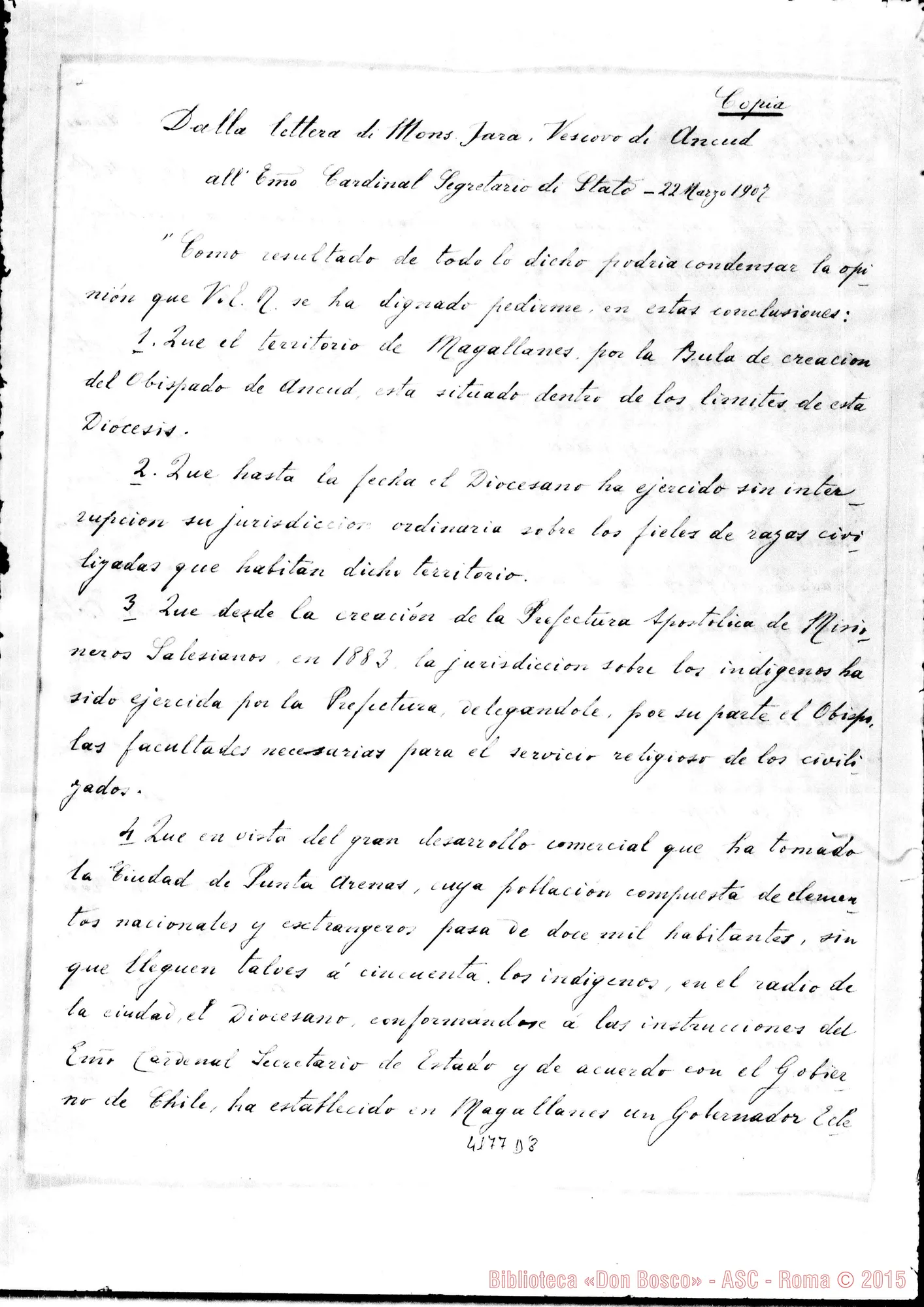 Fotogramma D 8 — Mons. Jara-Card. Rampolla, il 22-03-1907. Brano di lettera. Copia