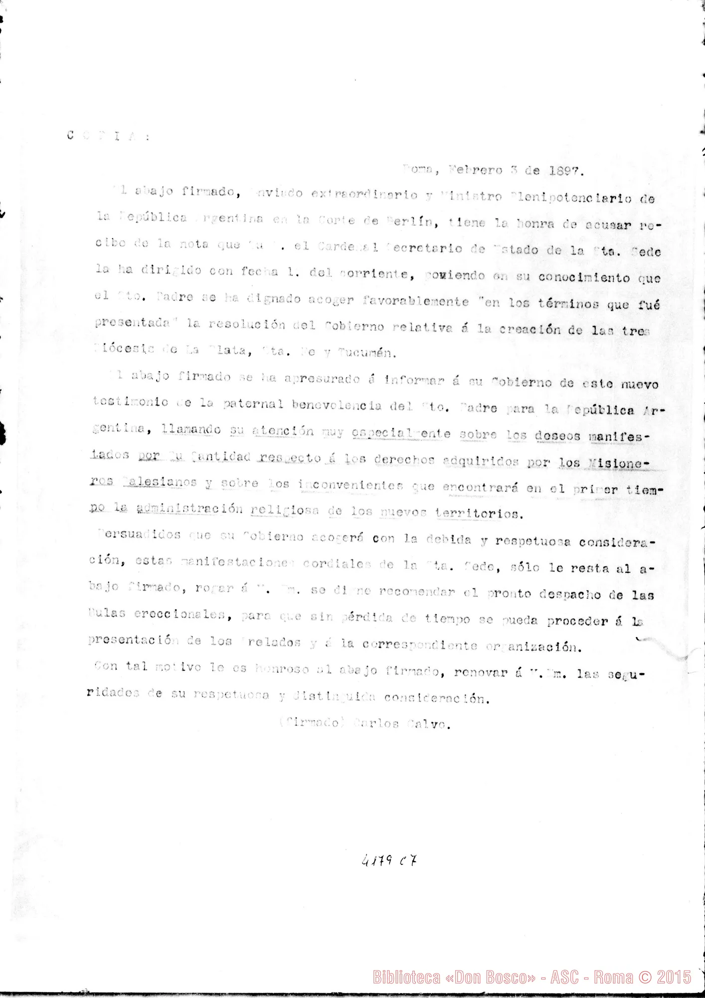 Fotogramma C 7 — Carlos Calvo, Min. Plenipotenziario: dichiarazione, il 3-02-1897
