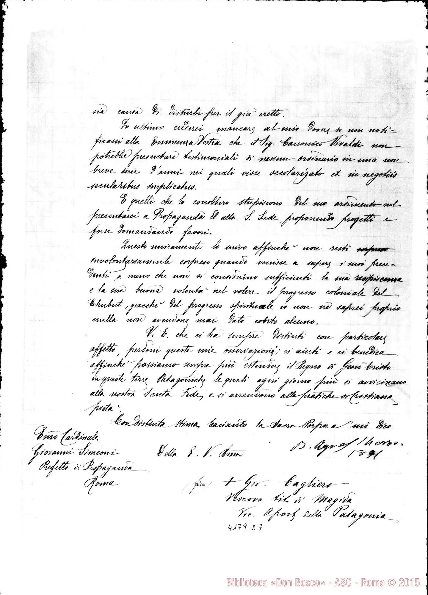 Fotogramma D 7 — Mons. Cagliero-Card. Simeoni. Buenos Aires, 1-11-1891. Copia