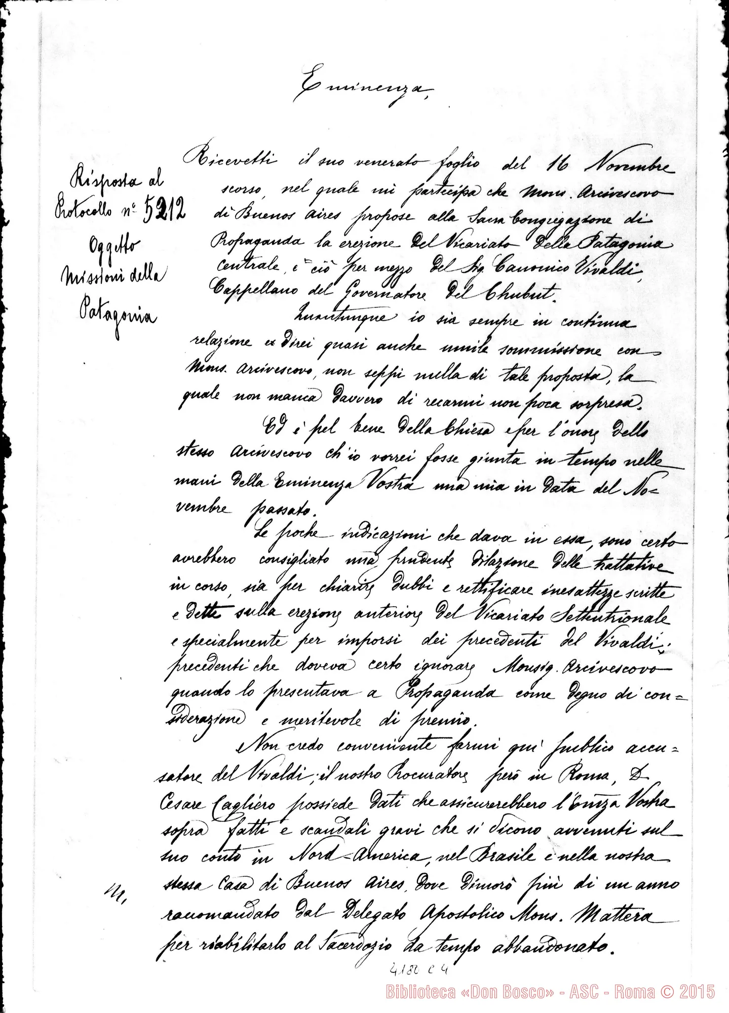 Fotogramma C 4 — Mons. Cagliero-Card. Pref. di Prop. Fide. Cordigliere Patagonia, 16-01-1892. Copia