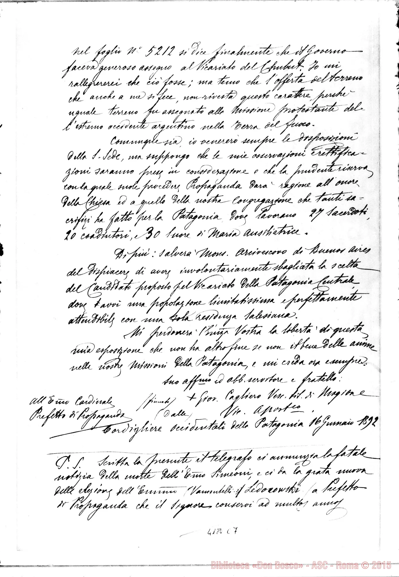 Fotogramma C 7 — Mons. Cagliero-Card. Pref. di Prop. Fide. Cordigliere Patagonia, 16-01-1892. Copia