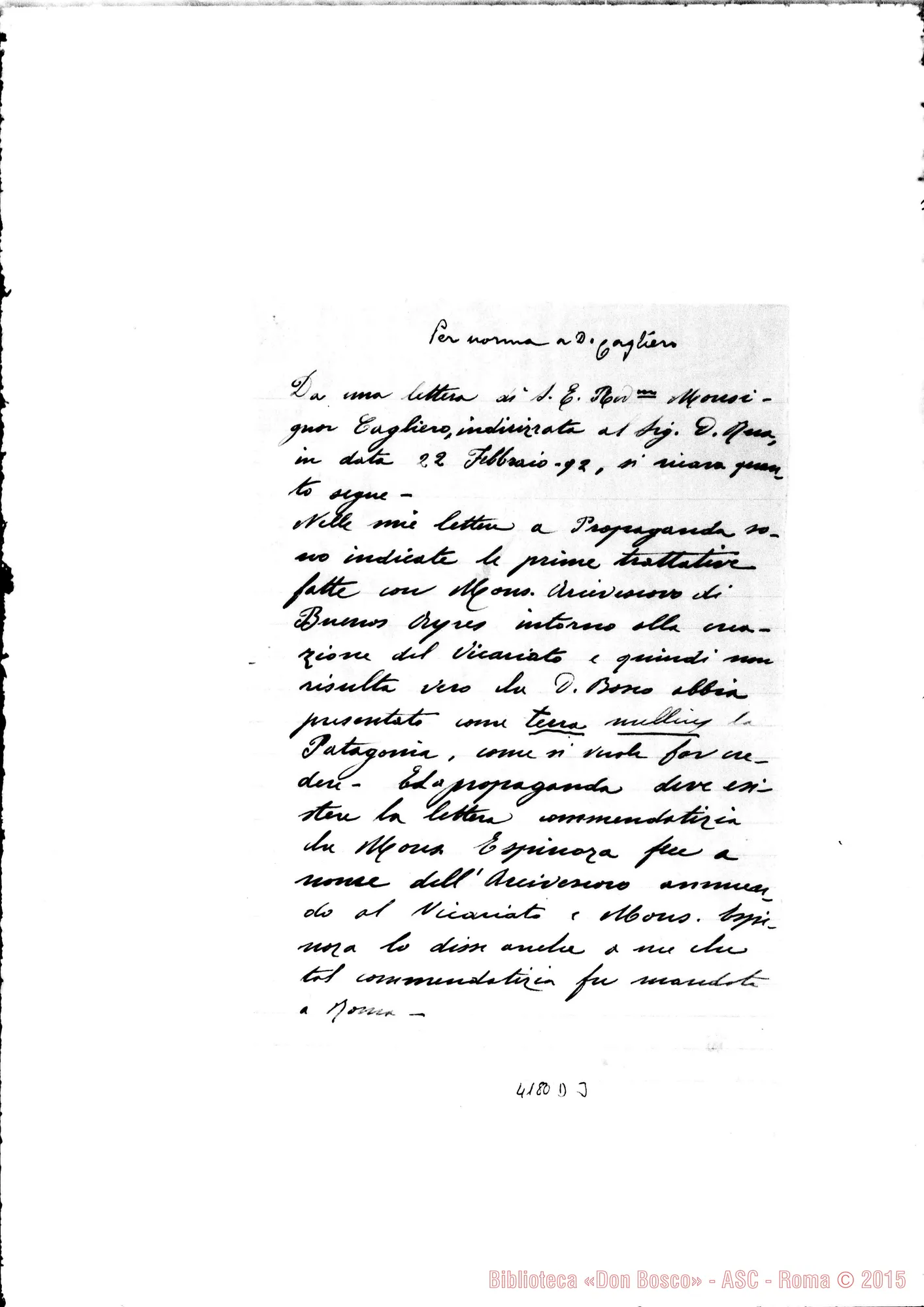Fotogramma D 3 — «Per norma A Don Cagliero». Ms. con autogr. Rua