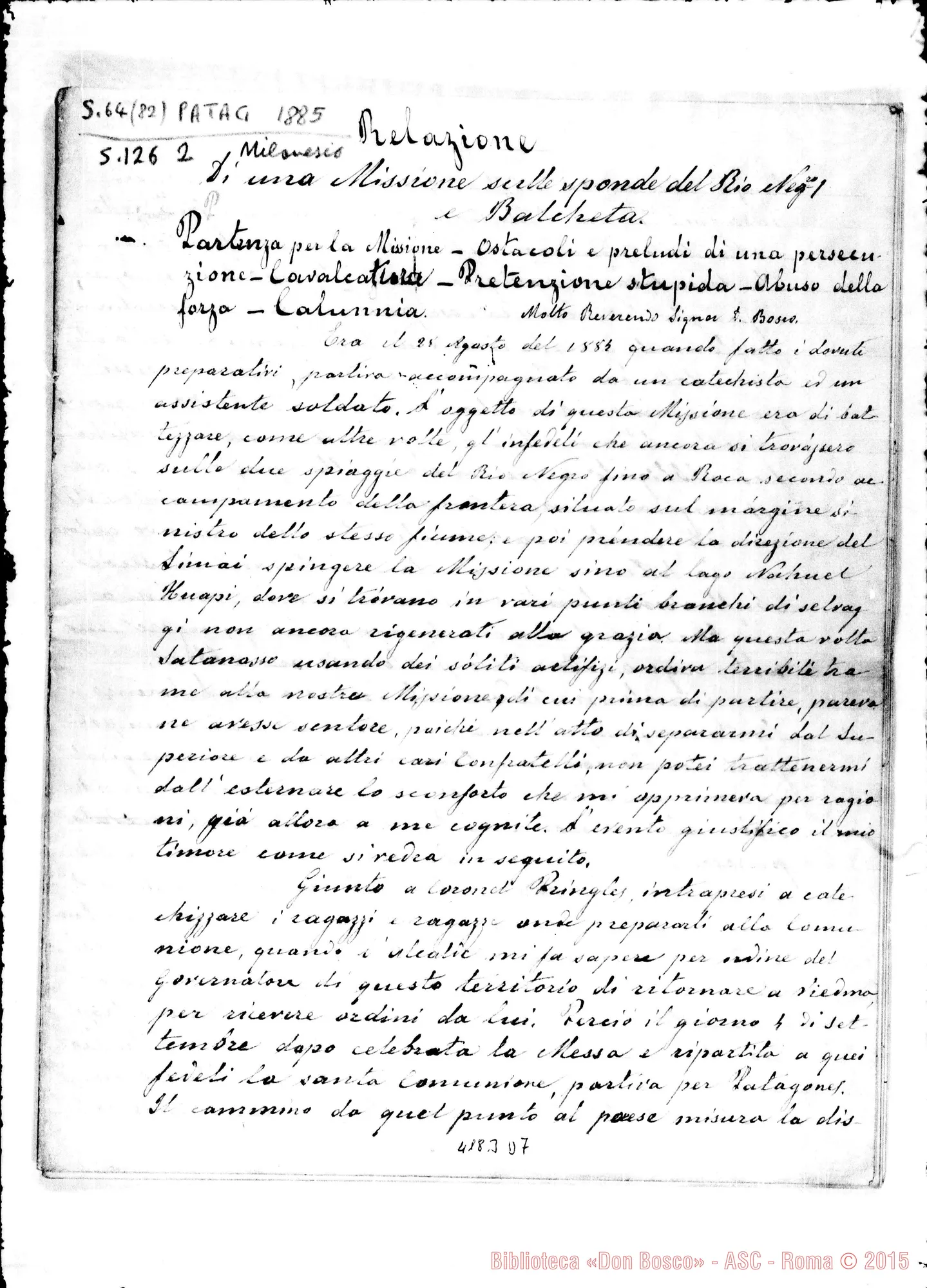 Fotogramma D 7 — Relazione di D. Milanesio A D. Bosco. 1885. Sul Rio Negro