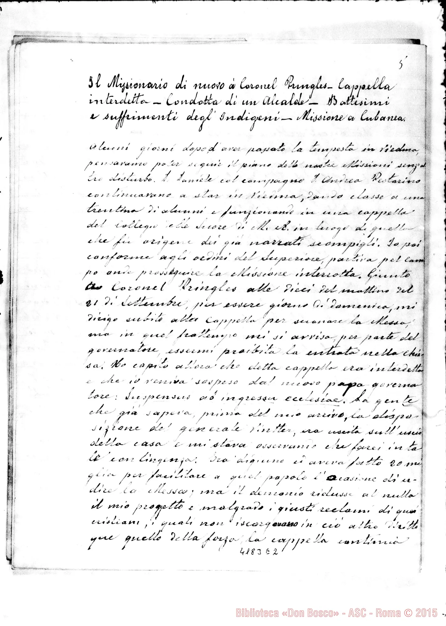 Fotogramma E 2 — Relazione di D. Milanesio A D. Bosco. 1885. Sul Rio Negro