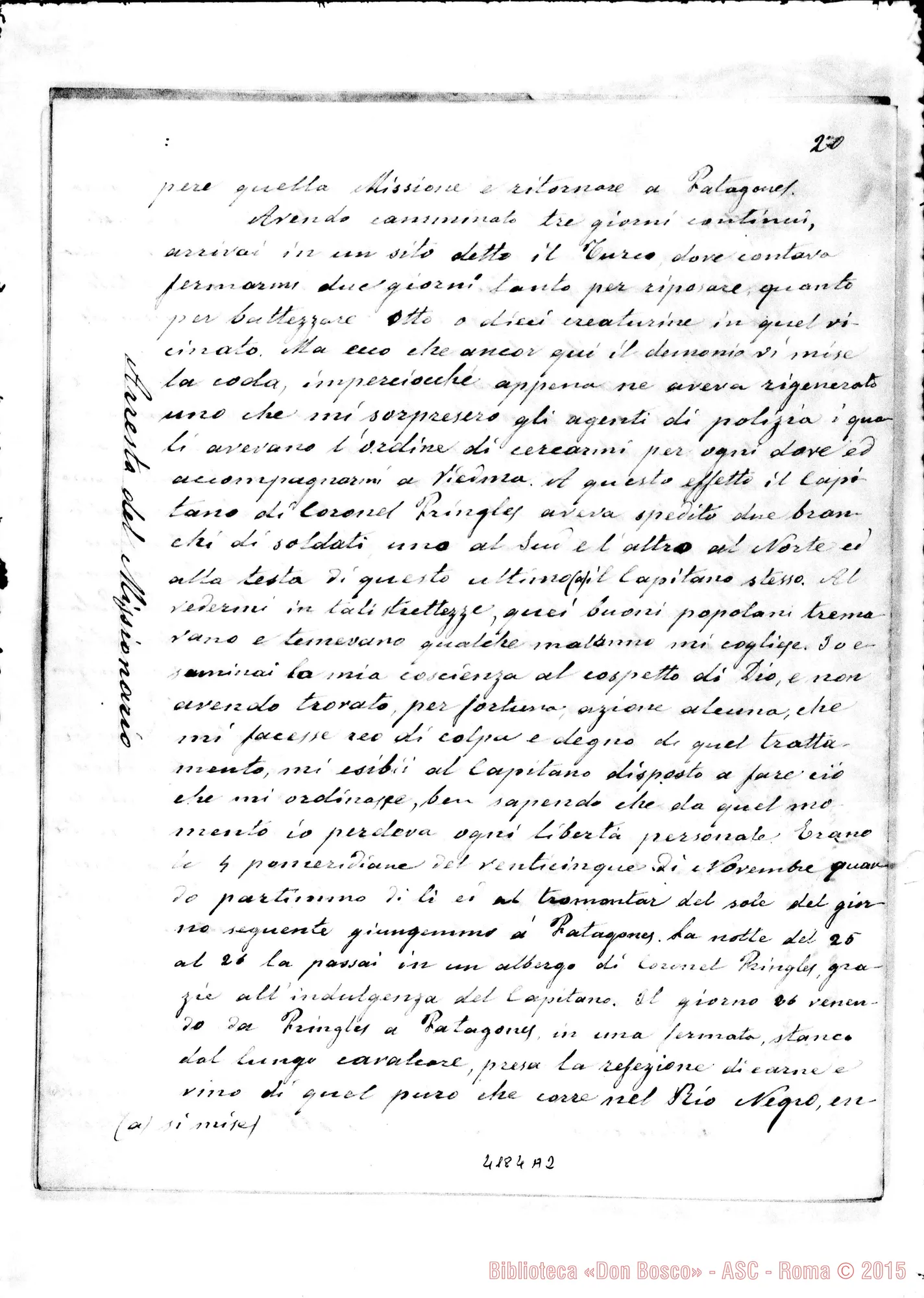 Fotogramma A 2 — Relazione di D. Milanesio A D. Bosco. 1885. Sul Rio Negro