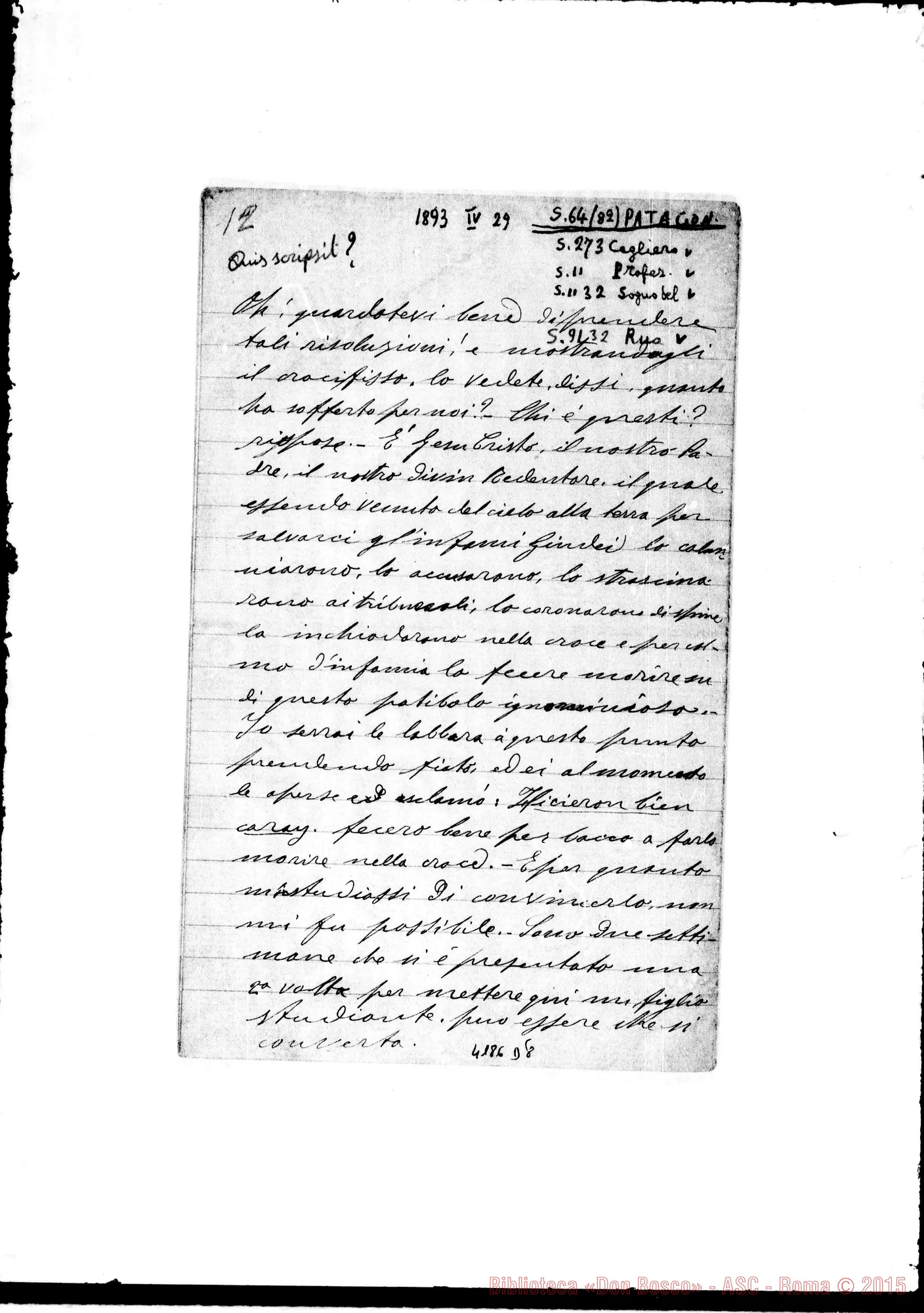 Fotogramma D 8 — A Don Rua dalla Patagonia, il 29-04-1893. Incompleta Autogr. Rua