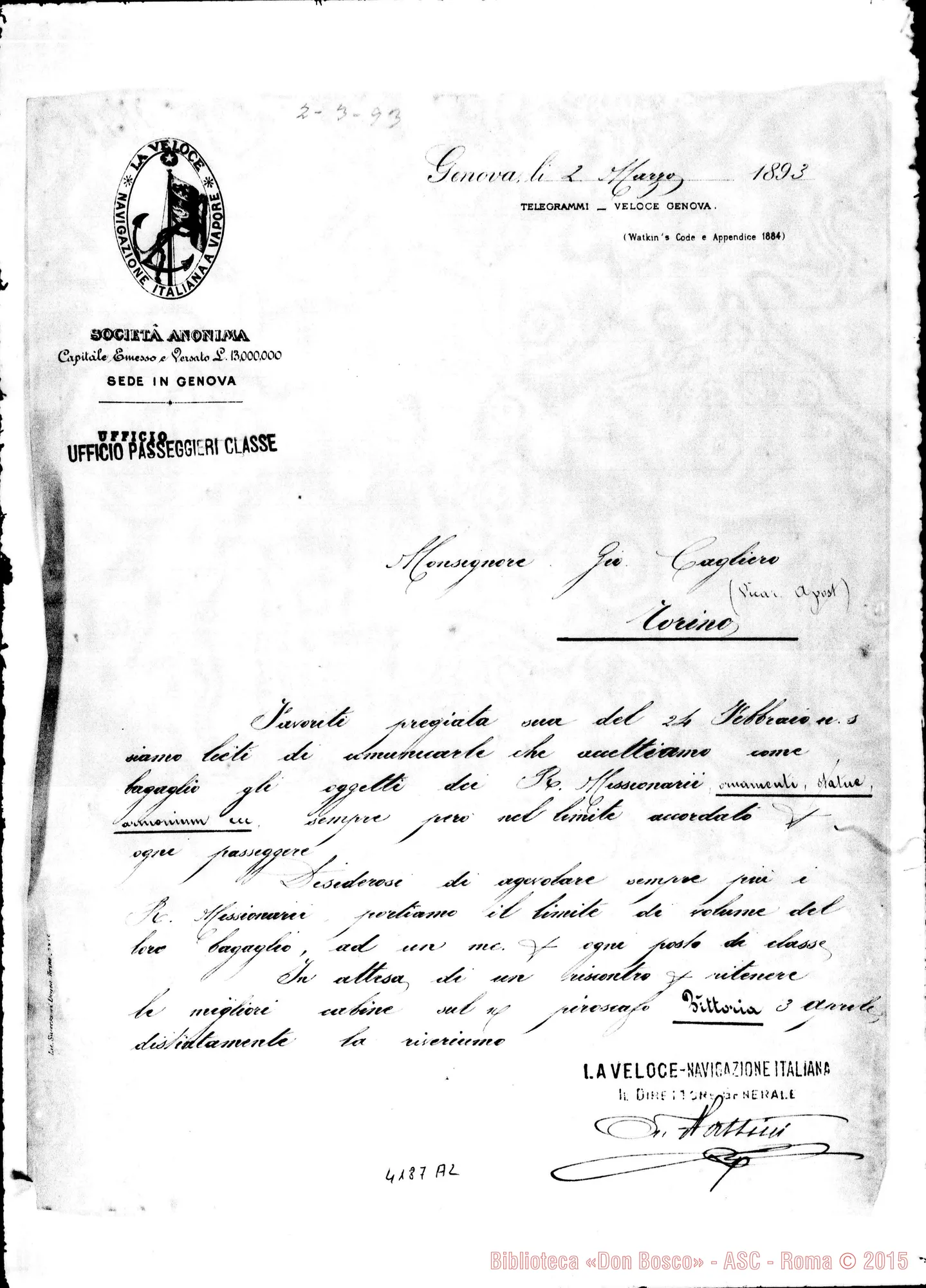 Fotogramma A 2 — Società di Navigazione-Mons. Cagliero. Genova, 2-03-1893