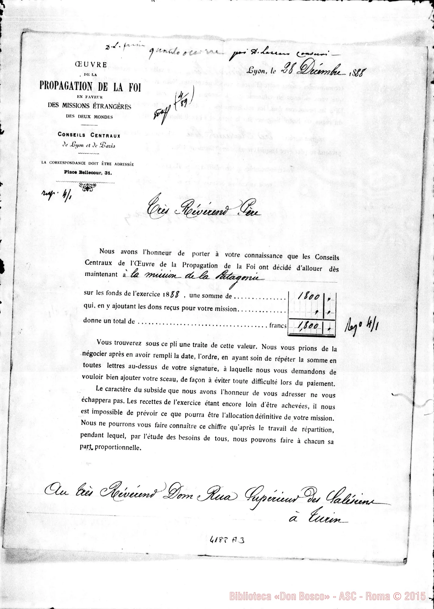 Fotogramma A 3 — Propag. de la Foi-Don Rua. Lyon, 28-12-1888 Autogr. Rua