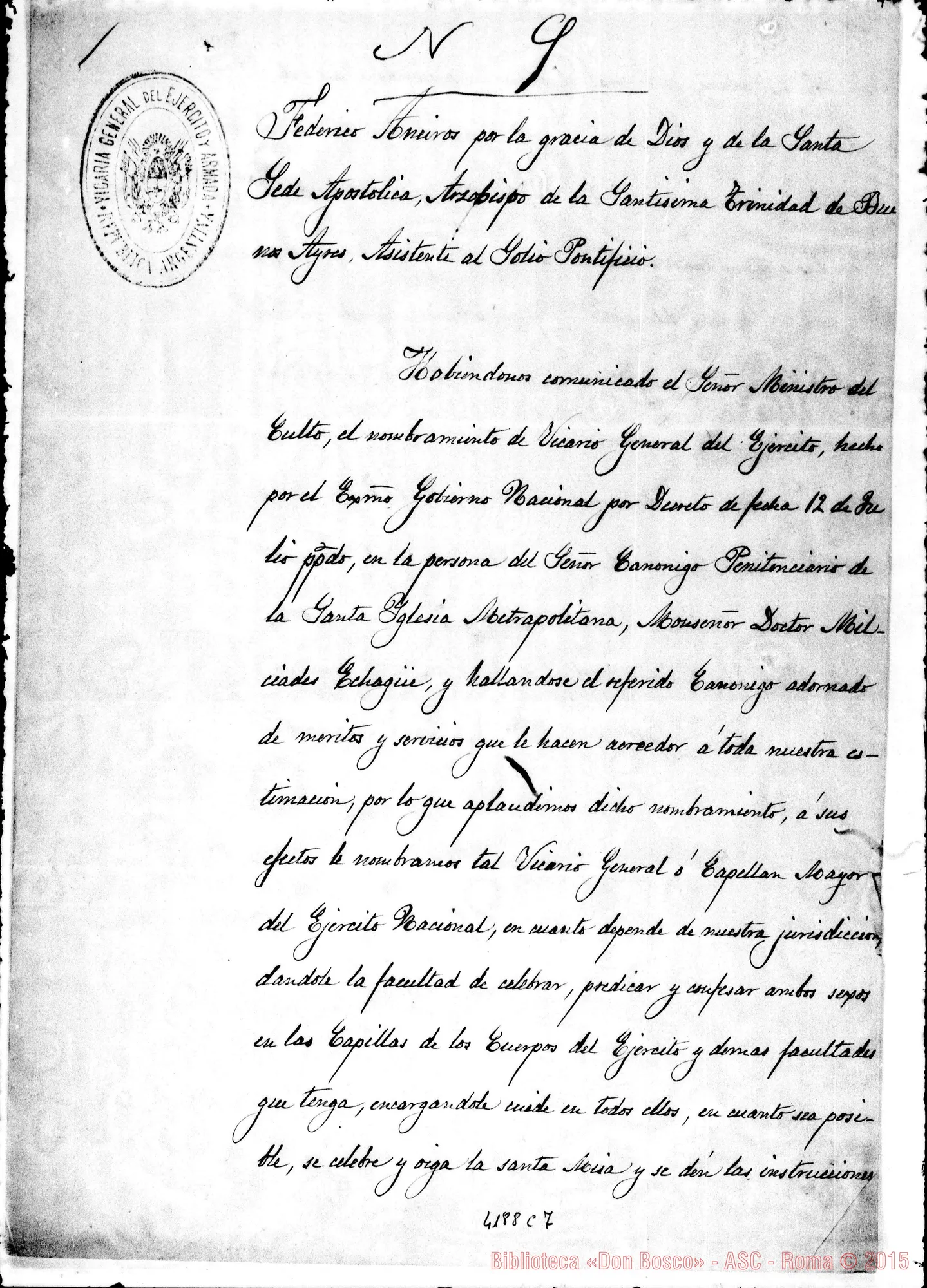 Fotogramma C 7 — Nomina del Vicario Generale per i militari. 1894