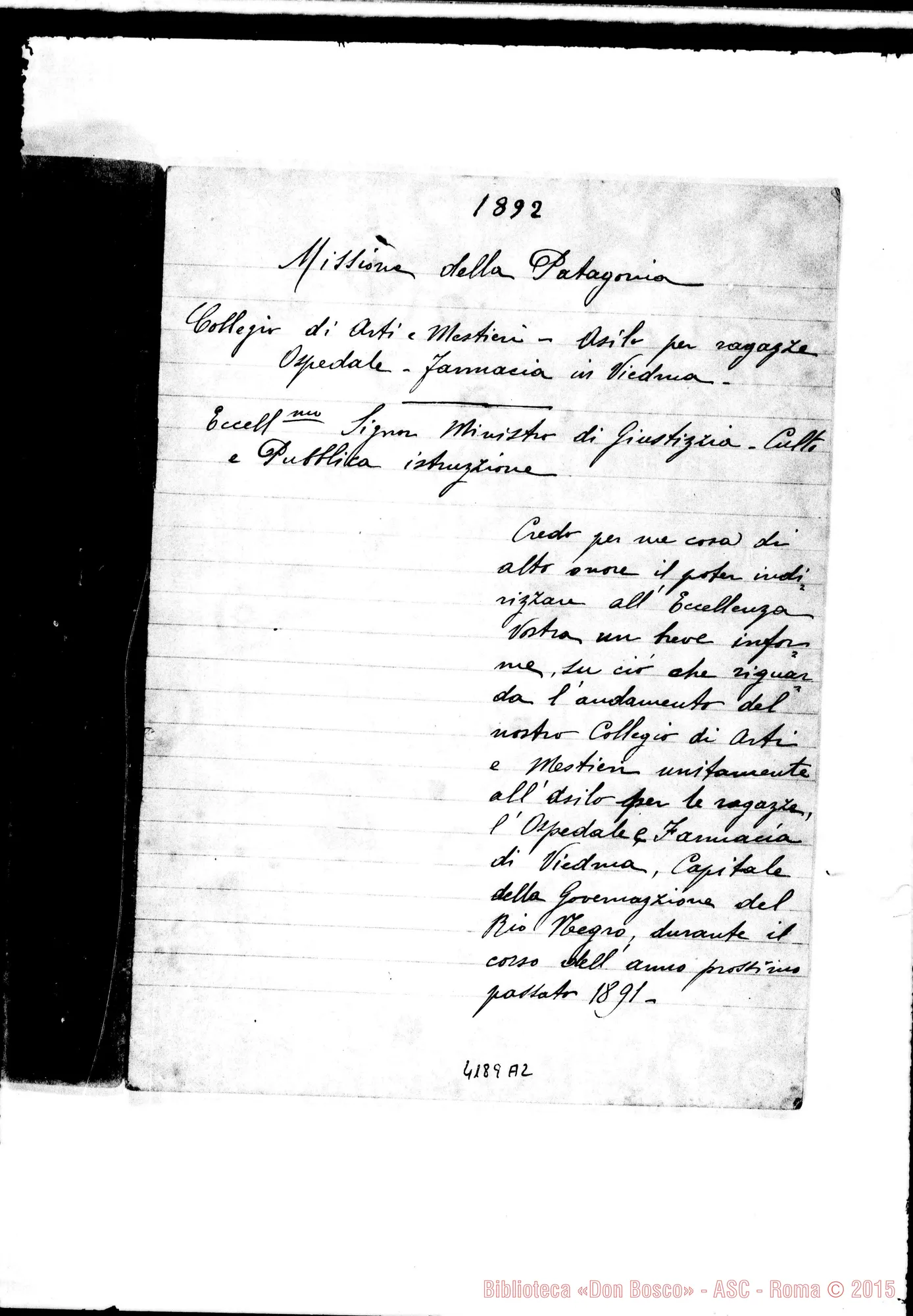 Fotogramma A 2 — Relazione al Ministro del Culto. Anno 1892