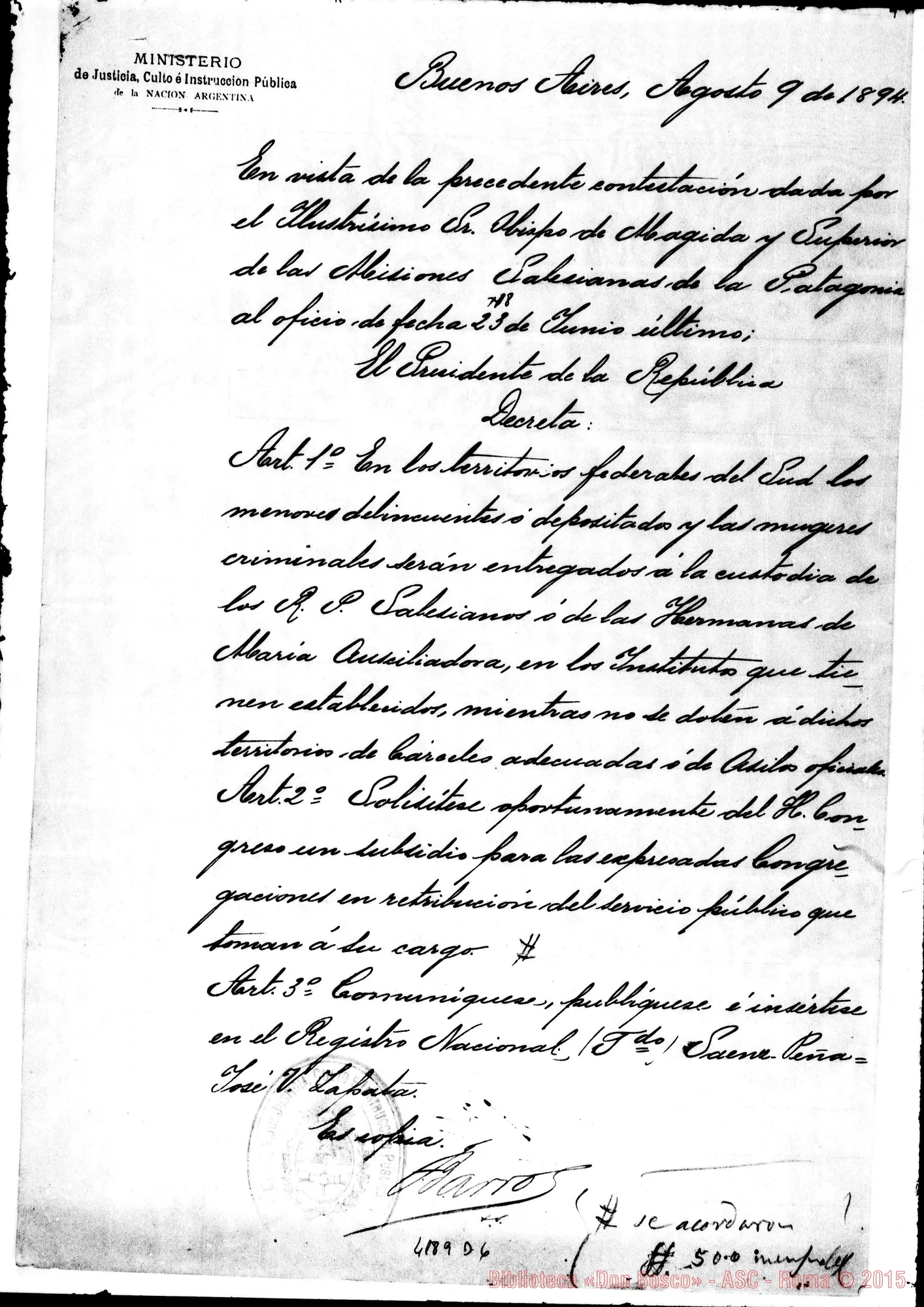 Fotogramma D 6 — Ministero di Giustizia A Mons. Cagliero, il 9-08-1894