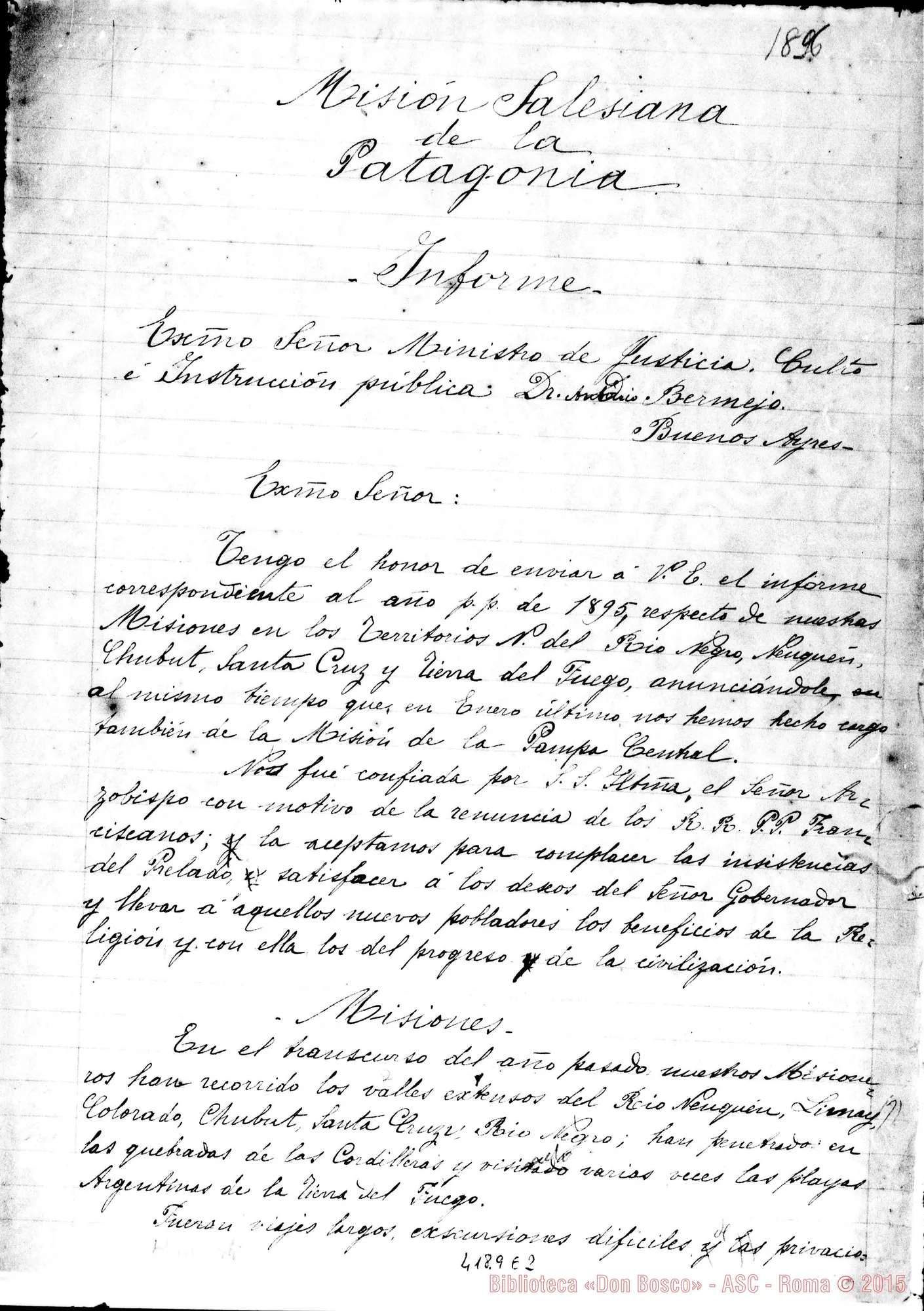 Fotogramma E 2 — Relazione al Ministro del Culto nell’anno 1896. Bella copia E ms. orig. di Mons. Cagliero
