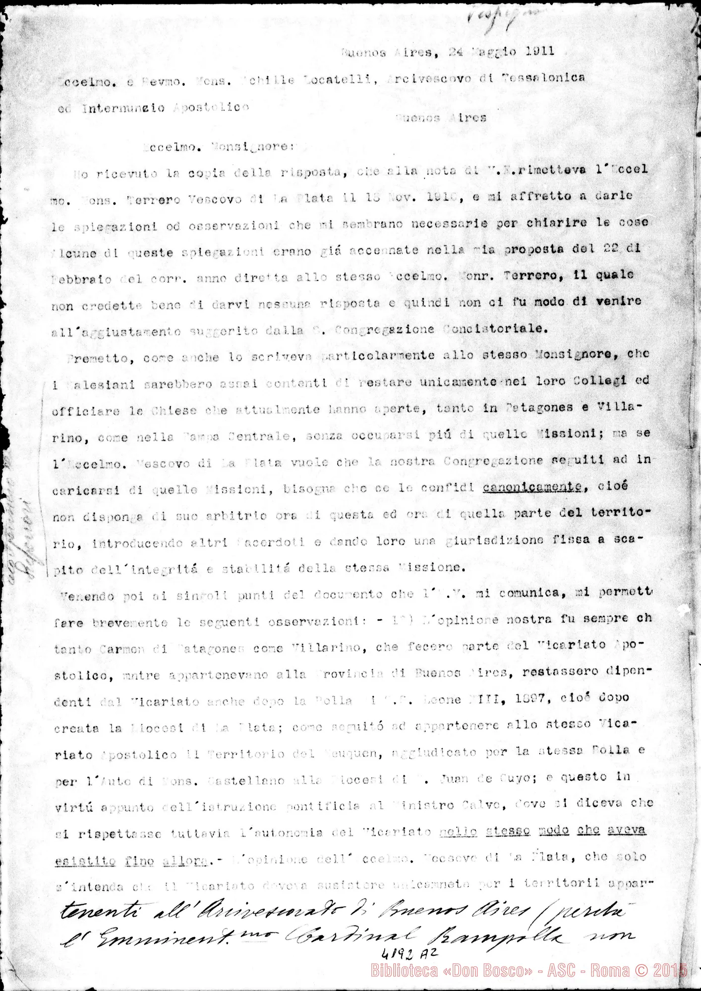 Fotogramma A 2 — Don Vespignani Giuseppe-Mons. Achille Locatelli. Buenos Aires, 24-05-1911