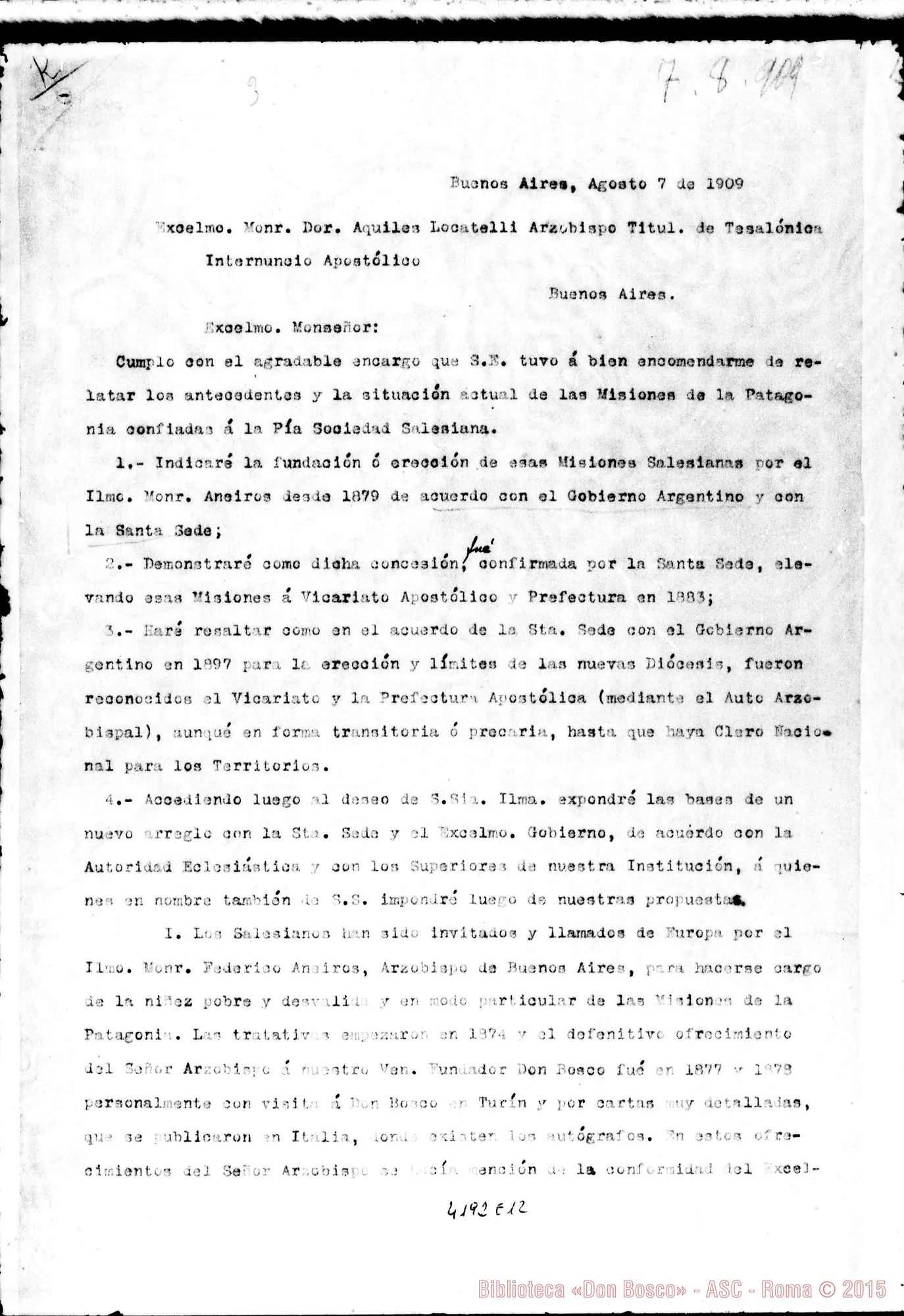 Fotogramma E 12 — Don Vespignani-Don Rua. Buenos Aires, 1-09-1909. All. lett. di D. Vespignani A Mons. Locatelli, 7-08-1909