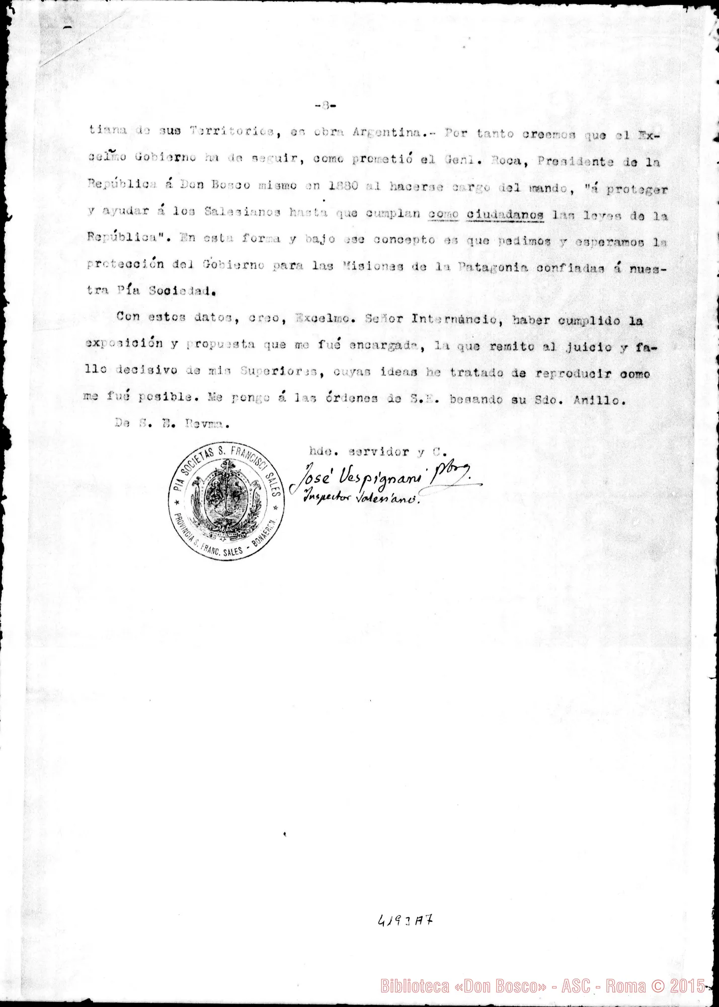 Fotogramma A 7 — Don Vespignani-Don Rua. Buenos Aires, 1-09-1909. All. lett. di D. Vespignani A Mons. Locatelli, 7-08-1909