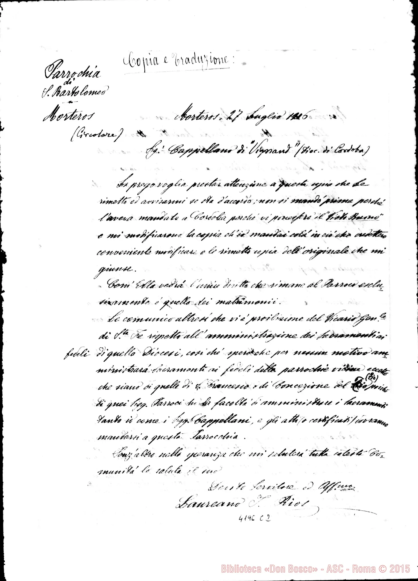 Fotogramma C 2 — Traduzione della precedente (spagnolo-italiano), con lett. di D. Vespignani a D. Marenco. Senza data