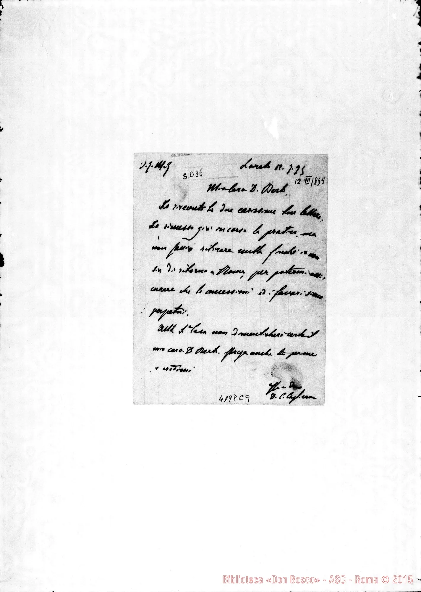 Fotogramma C 9 — Don Cagliero C.-Don Berto. Loreto, 12-07-1895. Facoltà
