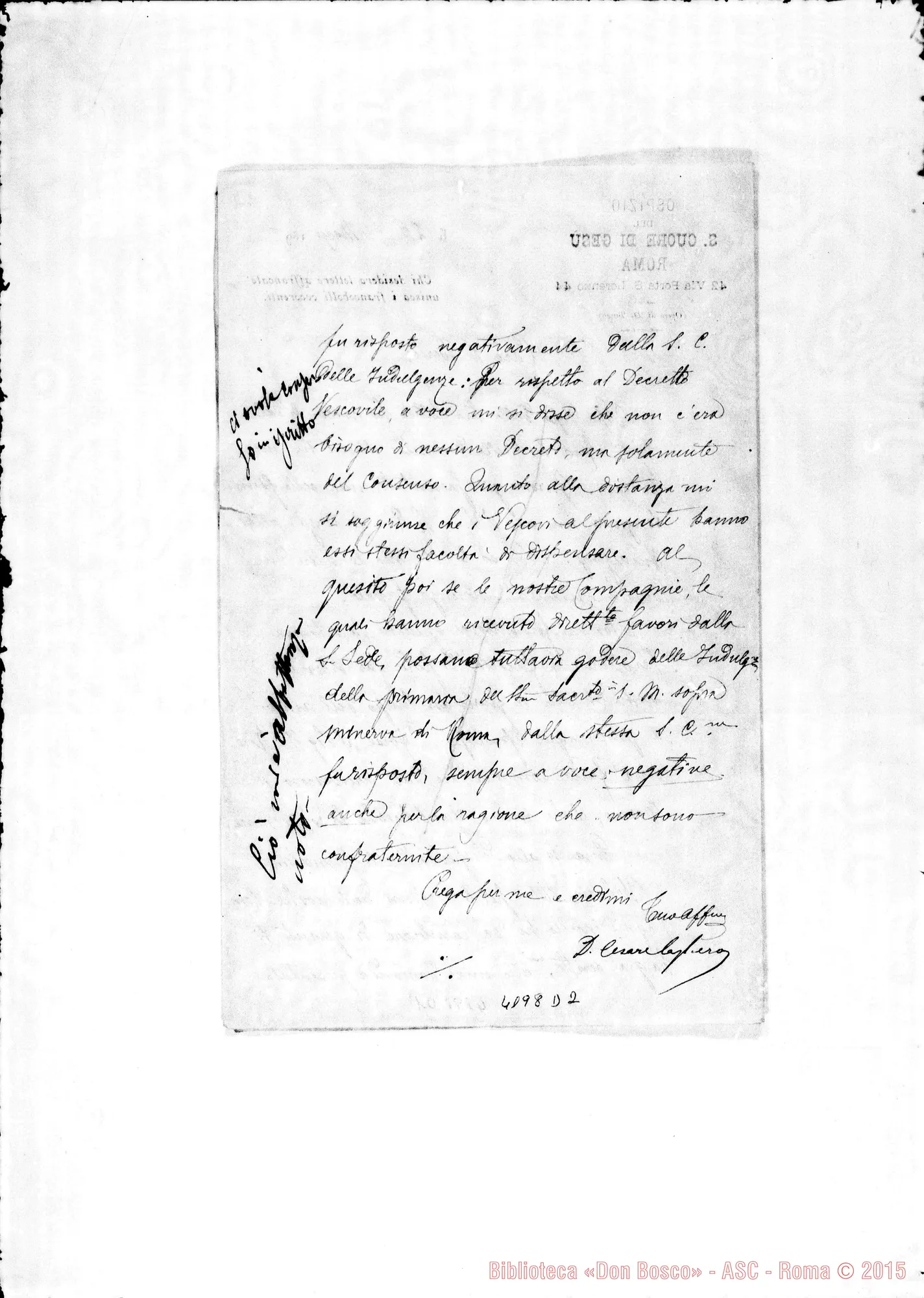 Fotogramma D 2 — Don Cagliero C.-Don Berto. Roma, 26-03-1897. Indulgenze