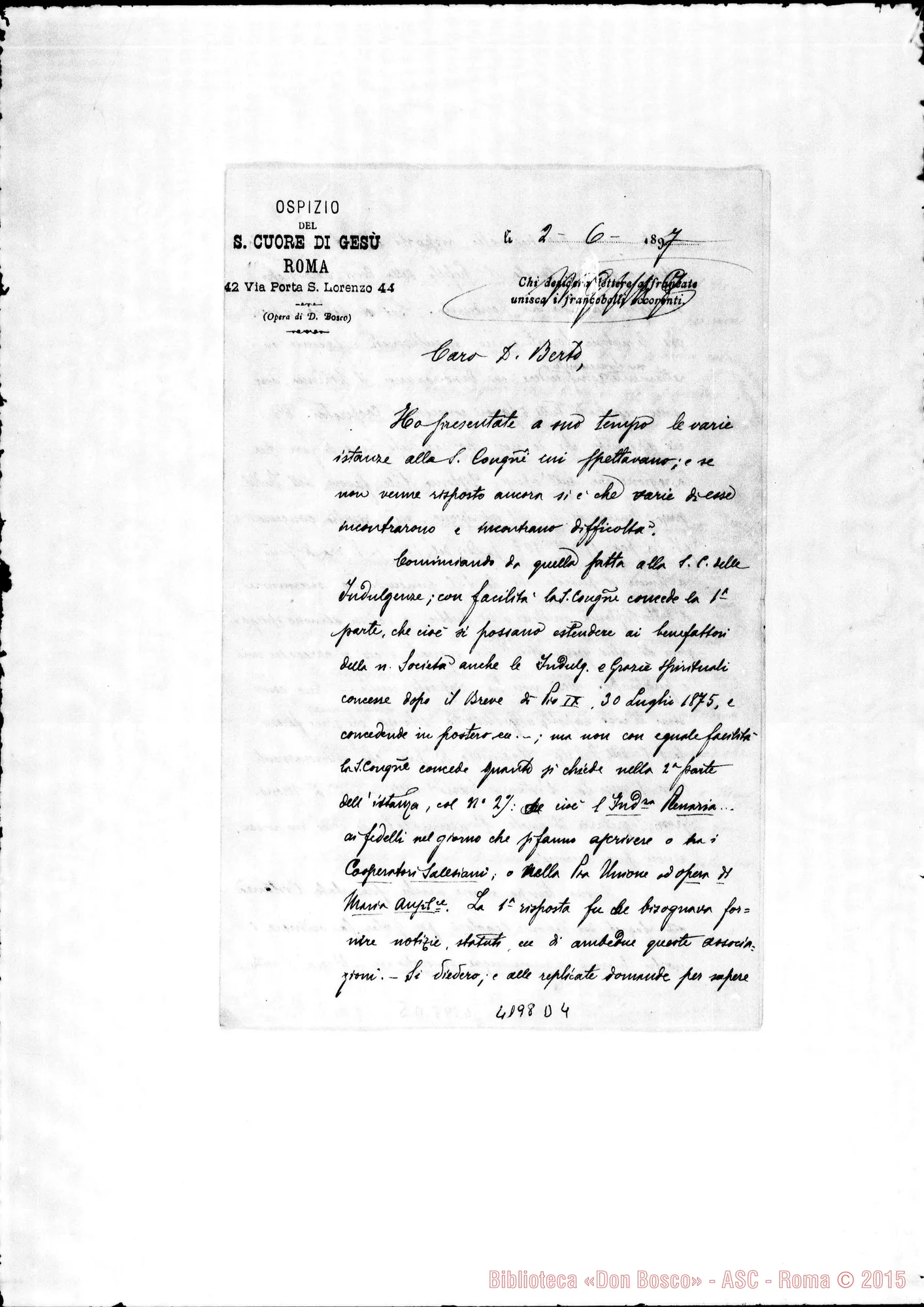 Fotogramma D 4 — Don Cagliero C.-Don Berto. Roma, 2-06-1897. Indulgenze