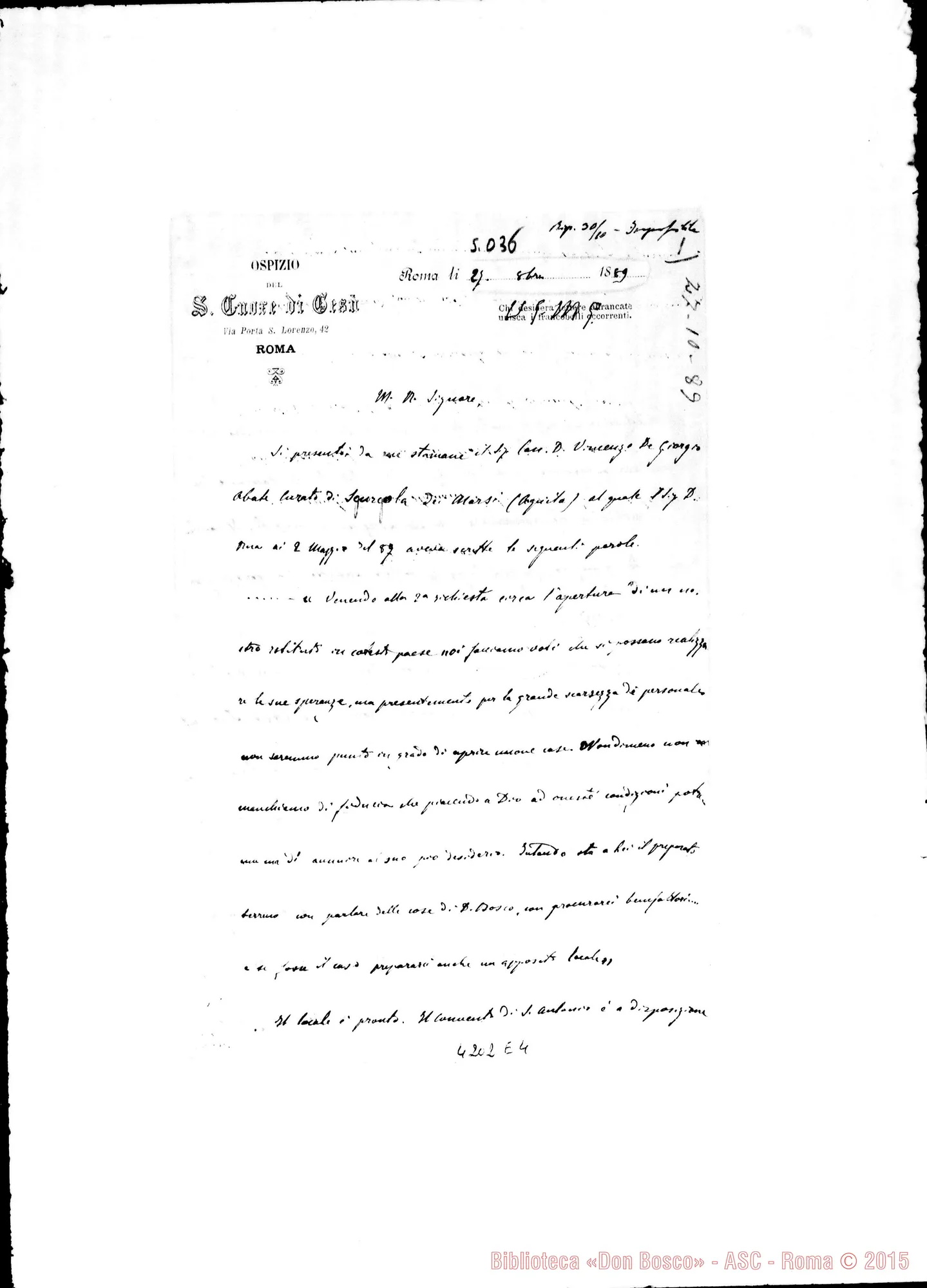 Fotogramma E 4 — Don Cagliero C.-Rev.do Signore. Roma, 27-10-1889. Sgurgola