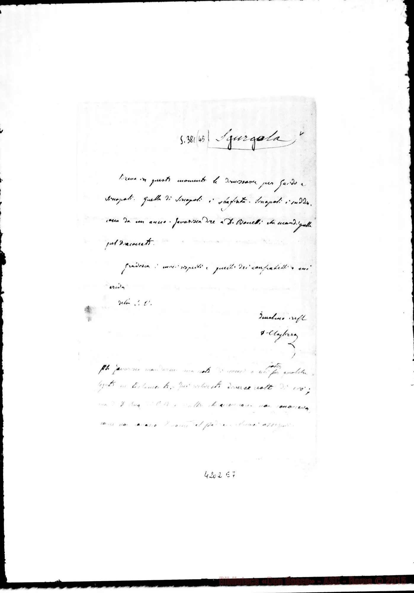 Fotogramma E 7 — Don Cagliero C.-Rev.do Signore. Roma, 27-10-1889. Sgurgola