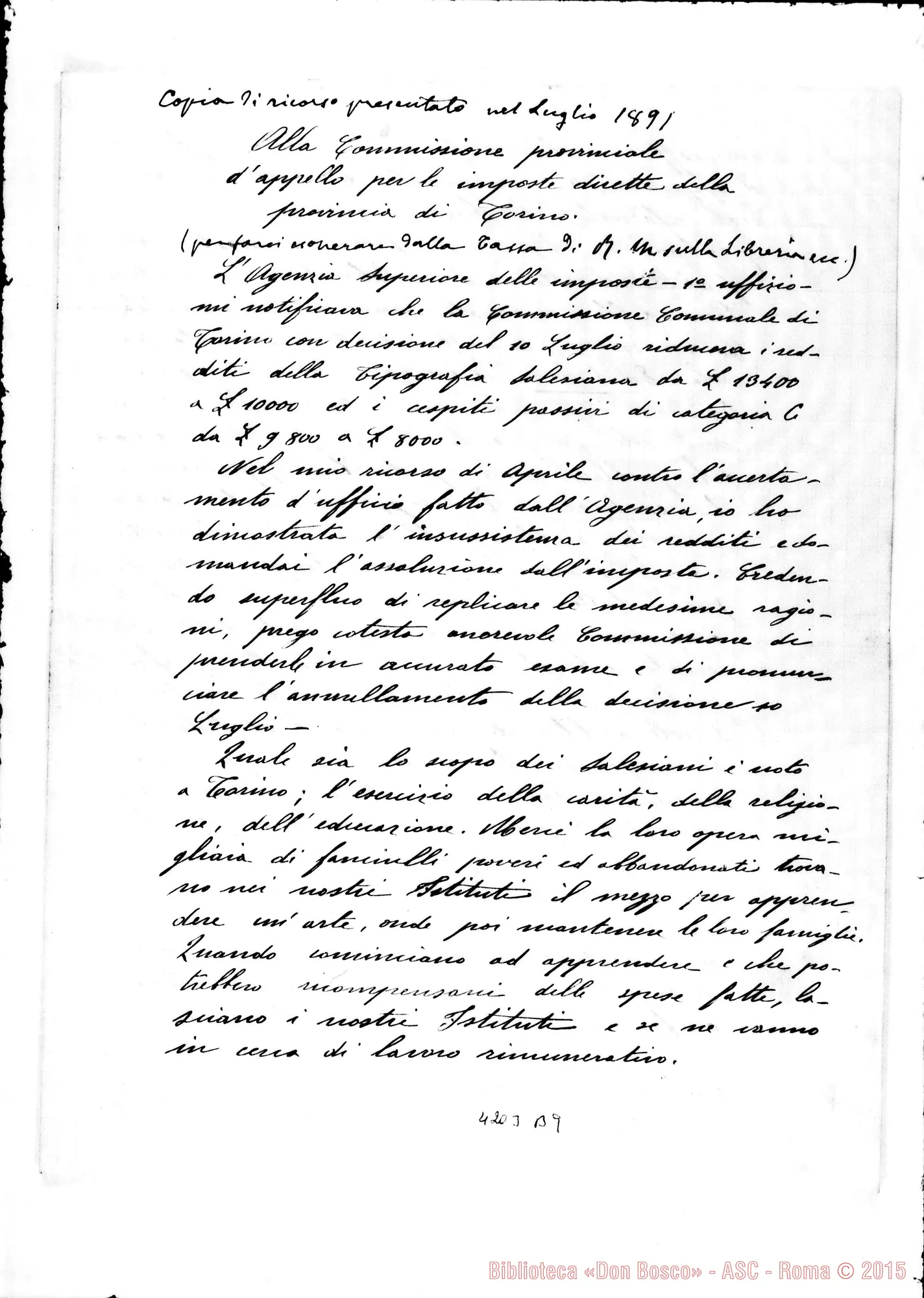 Fotogramma B 9 — Don Rua-Comm. Prov. d’Appello per le Imposte. Copia del ricorso, con postille autogr. Rua