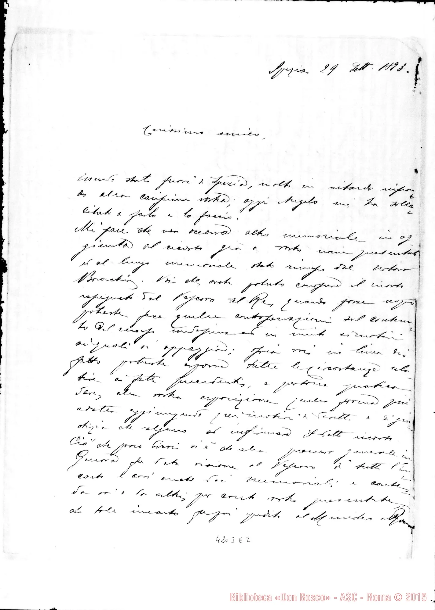 Fotogramma E 2 — Bruschi Giuseppe, ch.-Direttore. Valsalice, 1-10-1893. All. lett. dell’Avv. G. Bassi: La Spezia, 29-09-1893