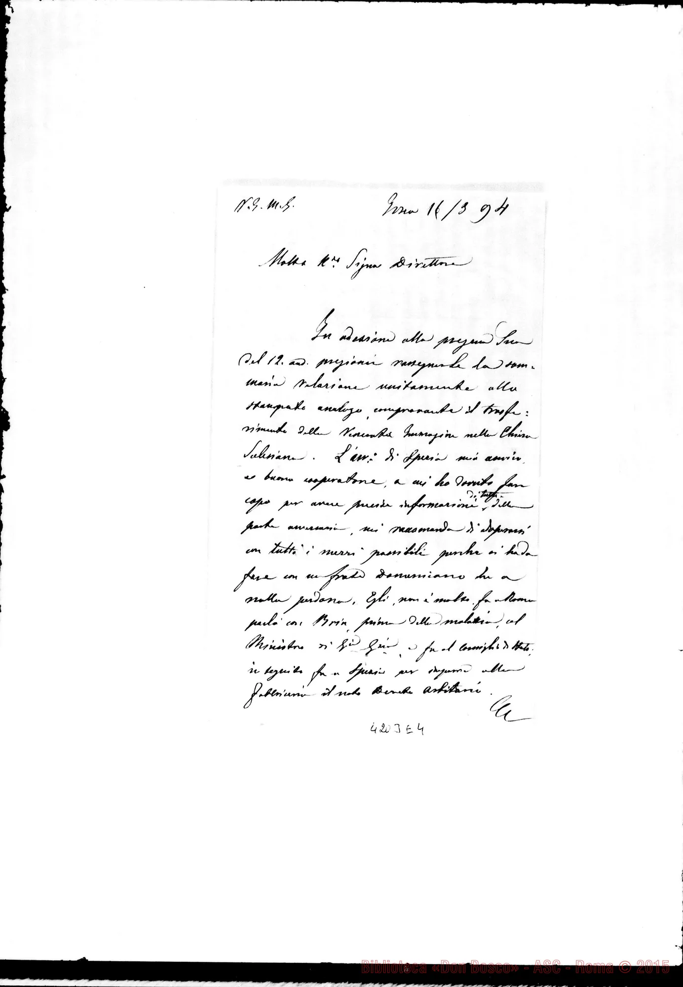 Fotogramma E 4 — Bruschi G., ch.-Direttore. Ivrea, 16-03-1894. All. lett. dell’Avv. G. Bassi: La Spezia, 6-03-1894