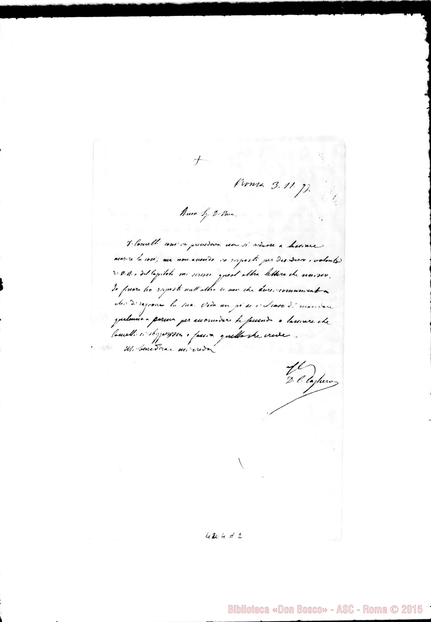 Fotogramma A 2 — Don Cagliero C.-Don Rua. Roma, 3-11-1892. All. lett. di Don Camelli L.: Parma, 30-10-1897