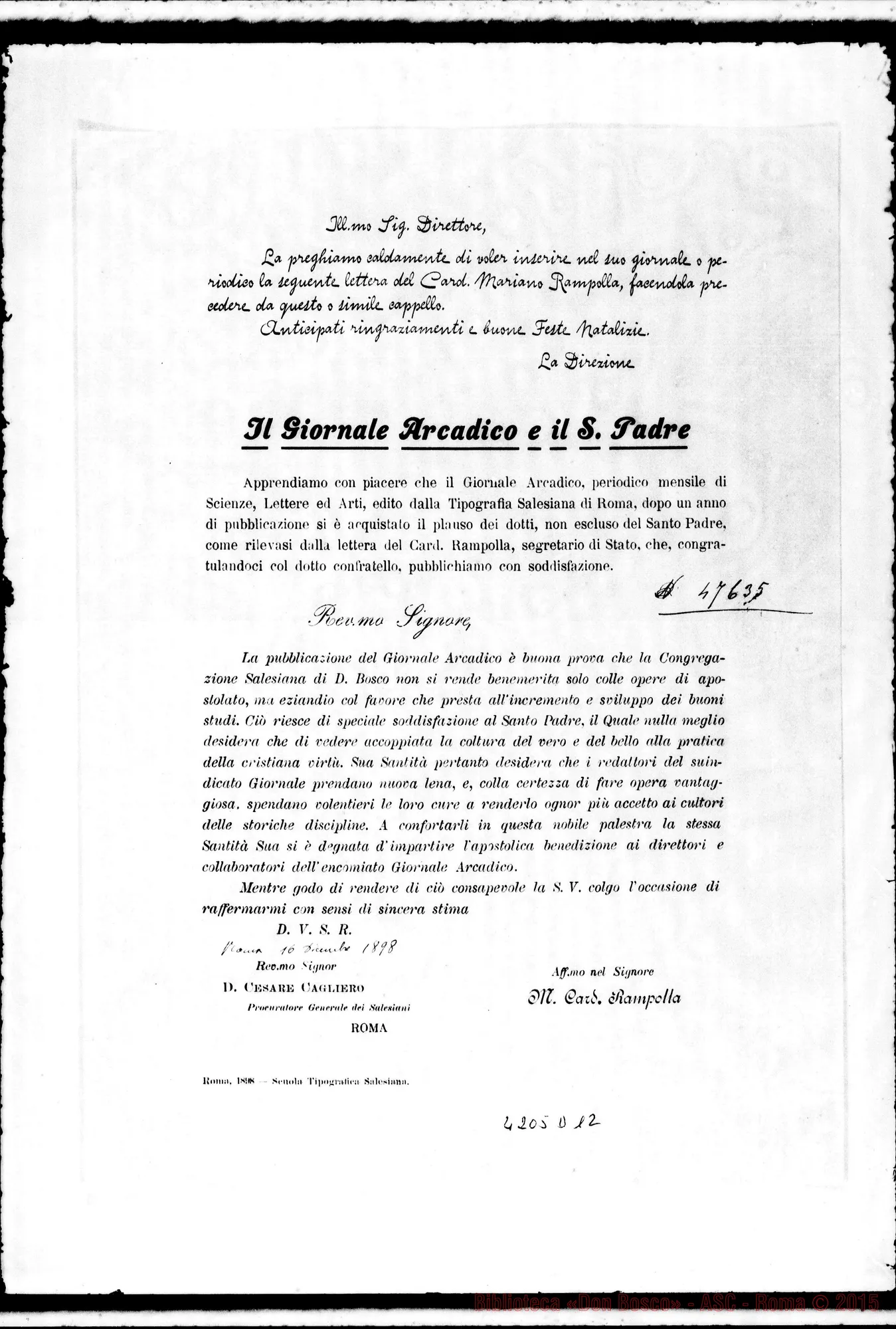 Fotogramma D 12 — Card. Rampolla-Don Cagliero. Roma, 16-12-1898. All. stampa della lett. al Giornale Arcadico