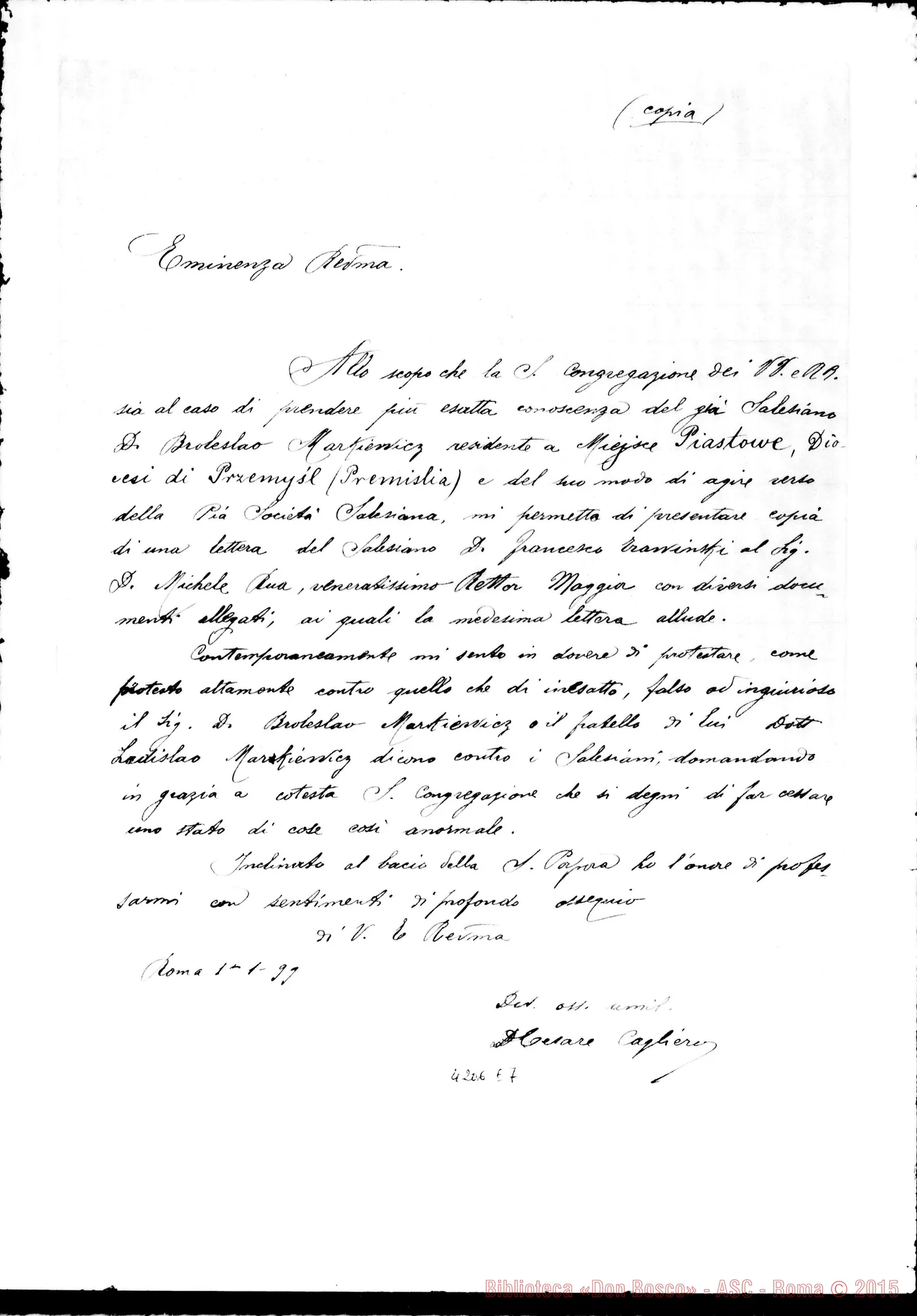 Fotogramma E 7 — Don Cagliero C.-Eminenza Rev.ma. Roma, 1-01-1899. Copia