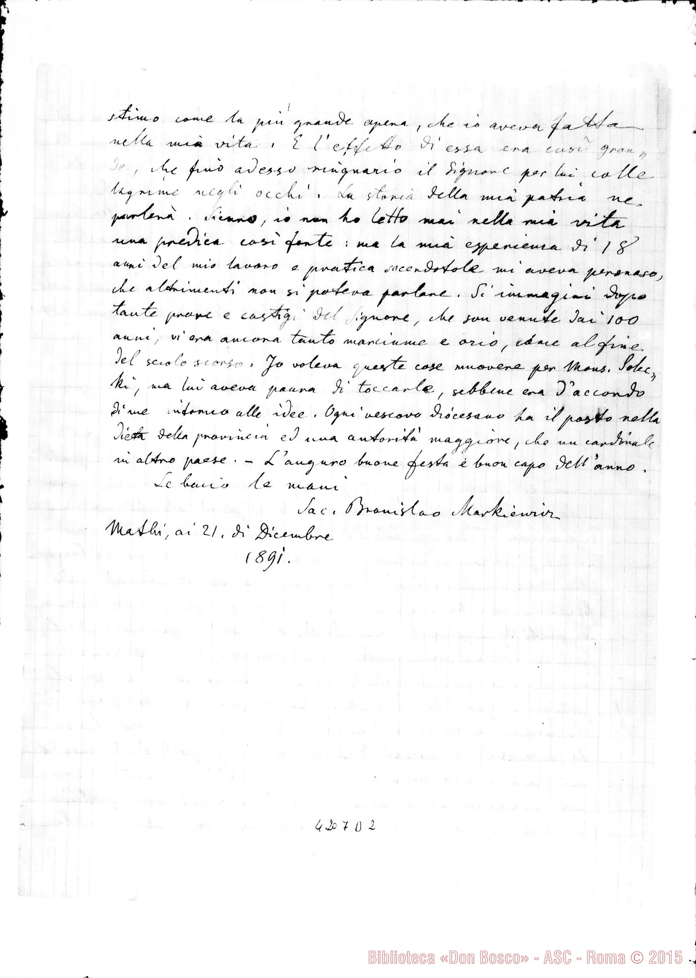 Fotogramma D 2 — Don Markiewicz-Rev.mo Sig.. Mathi, 21-12-1891. Copia
