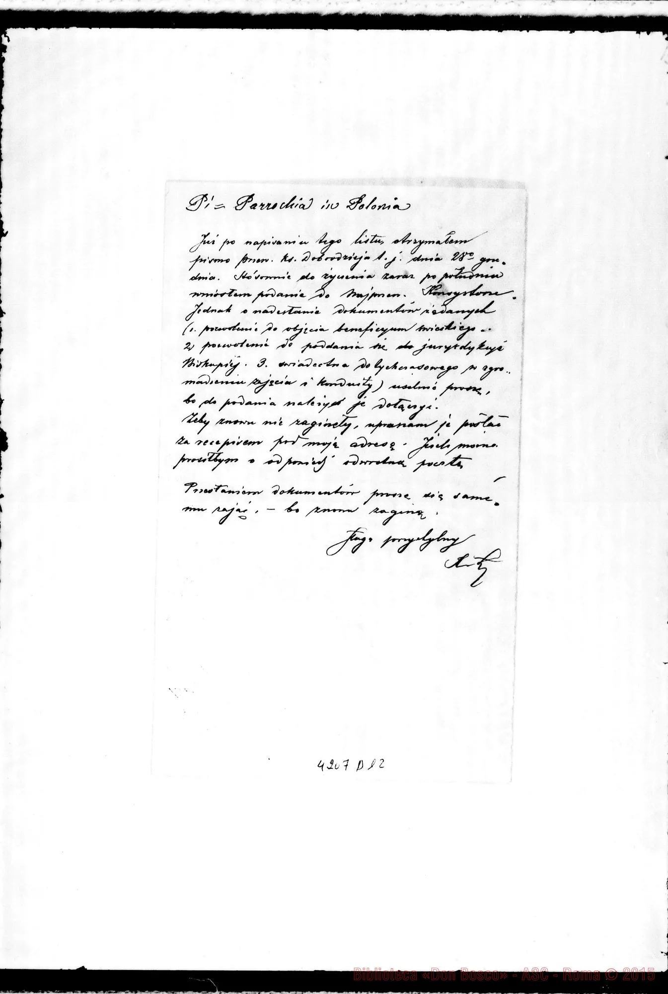 Fotogramma D 12 — Don Lekowski-Rev.mo Padre. Przemysl, 27-12-1891. All. traduzione