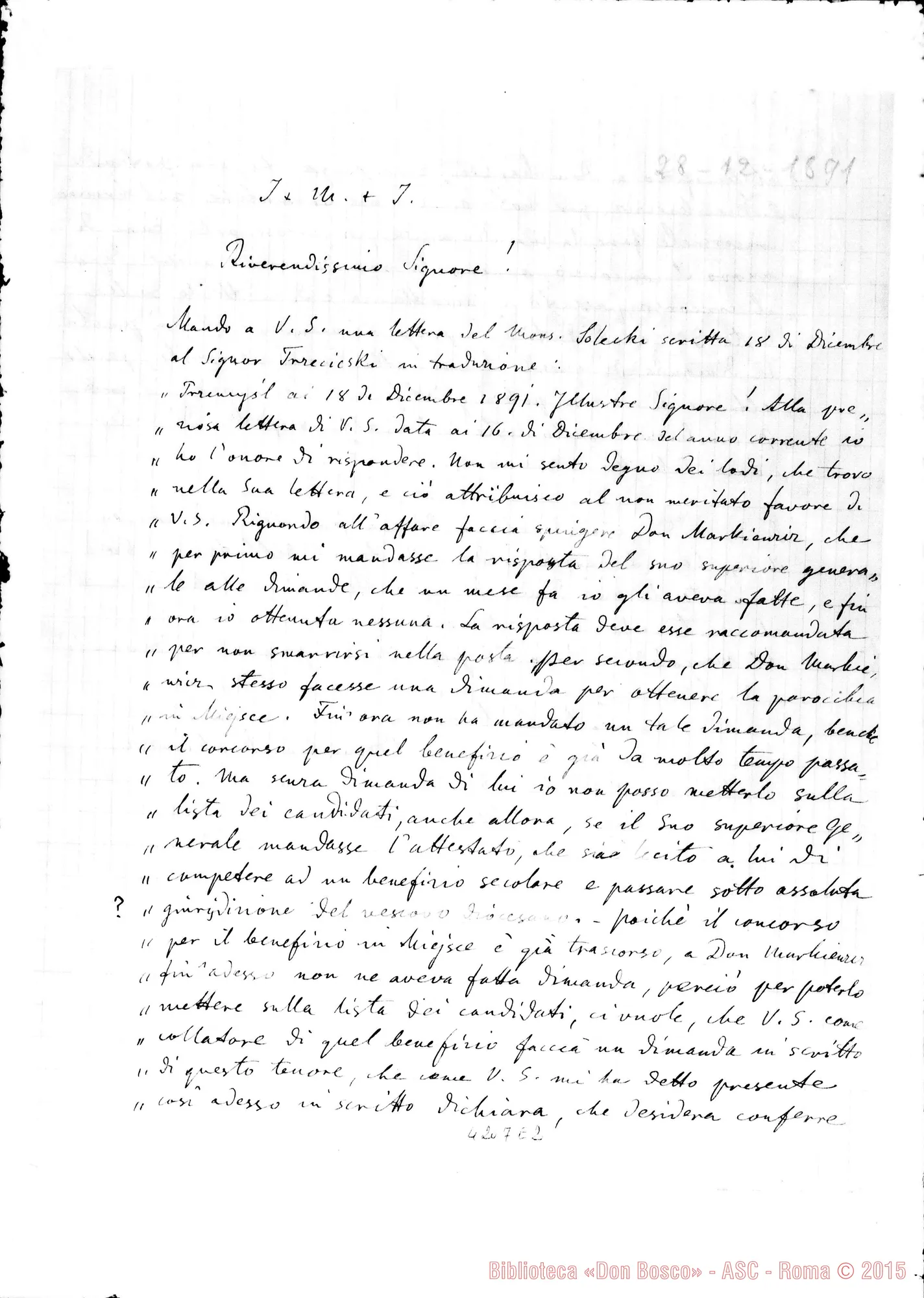 Fotogramma E 2 — Don Markiewicz-Rev.mo Sig.. Mathi, 28-12-1891