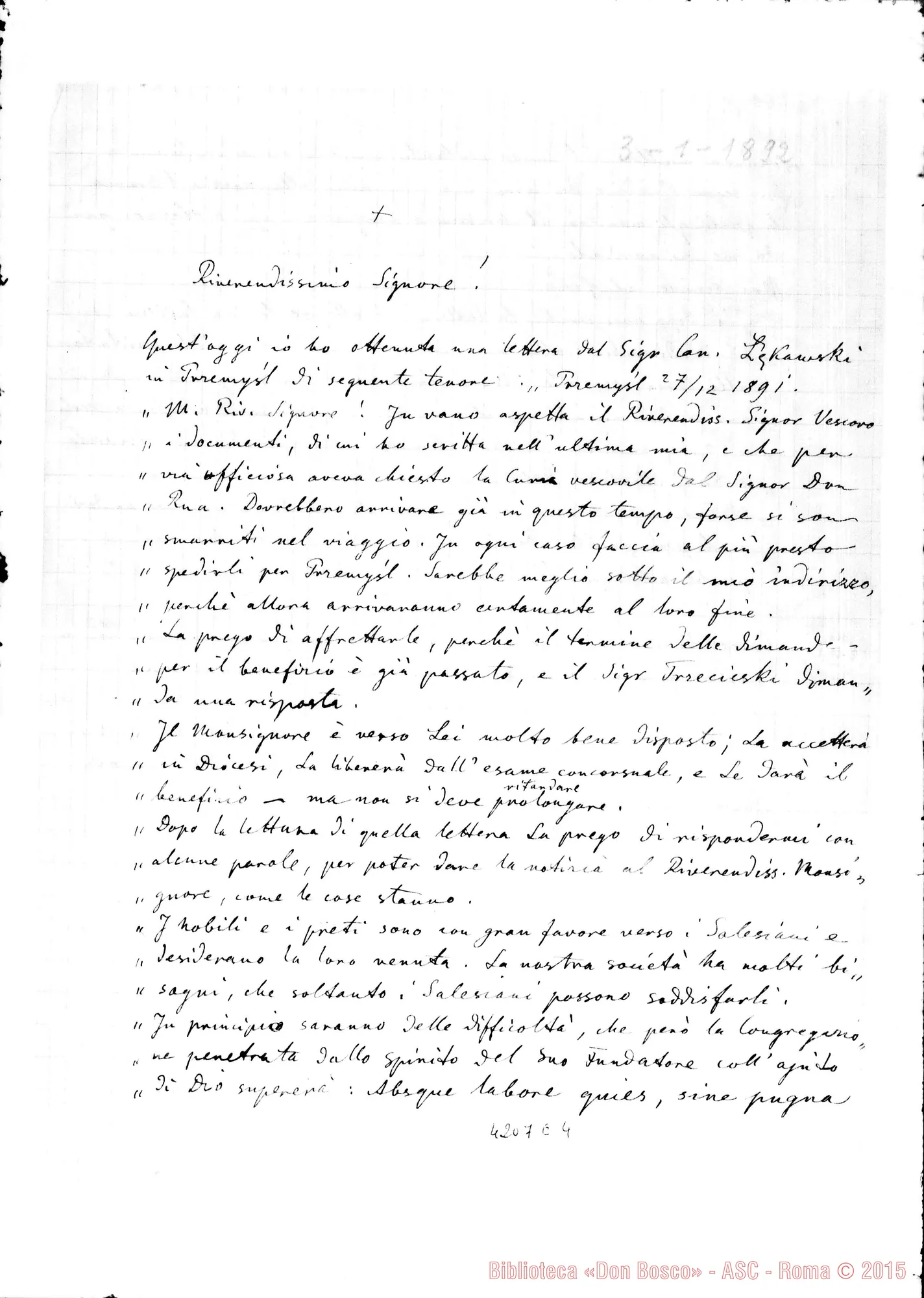Fotogramma E 4 — Don Markiewicz-Rev.mo Sig.. Mathi, 3-01-1892