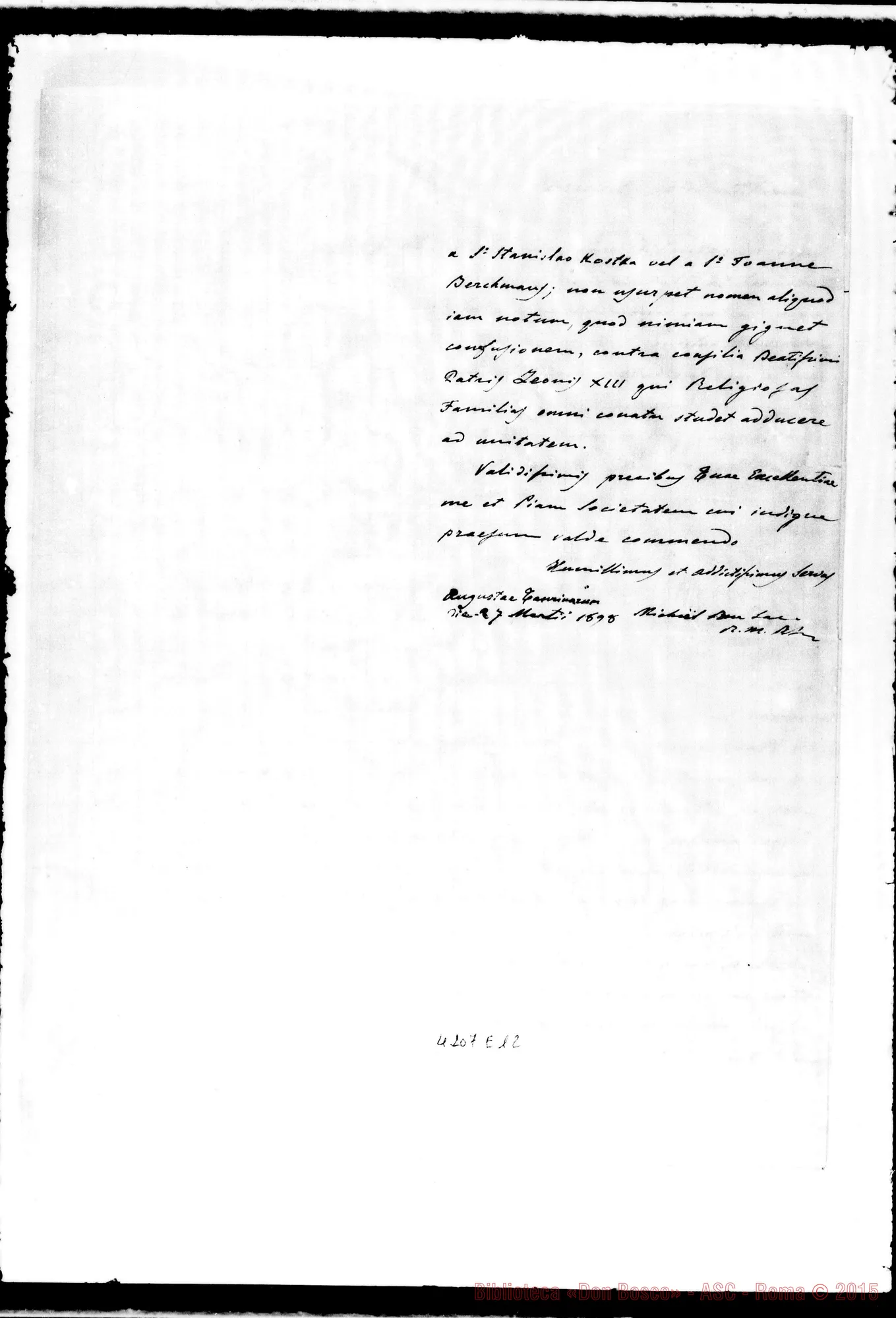 Fotogramma E 12 — Don Durando (ms.): minuta di lettera D. Rua-Praesul, il 27-03-1898