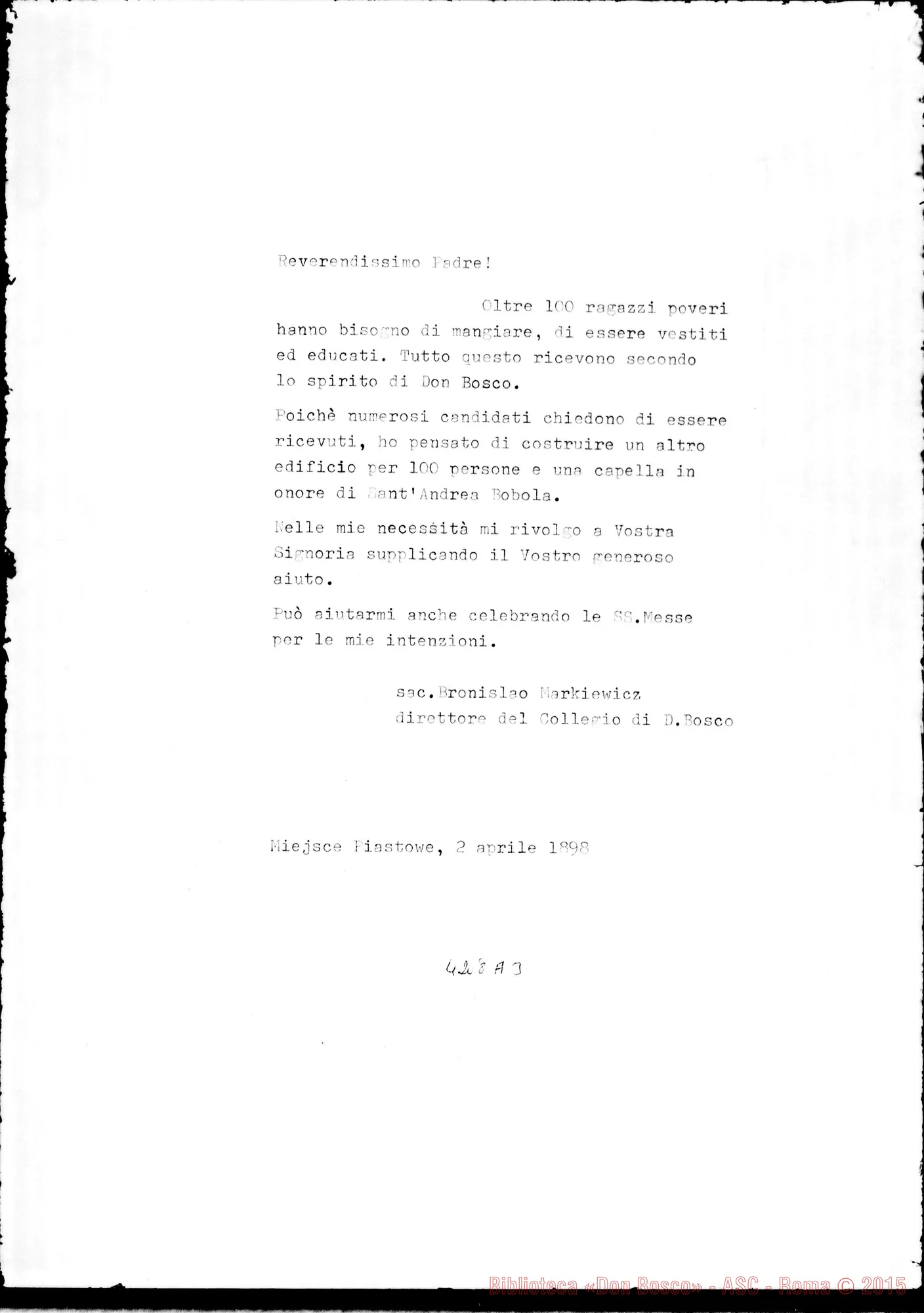 Fotogramma A 3 — Don Markiewicz: circolare, con all. traduzione, il 2-04-1898