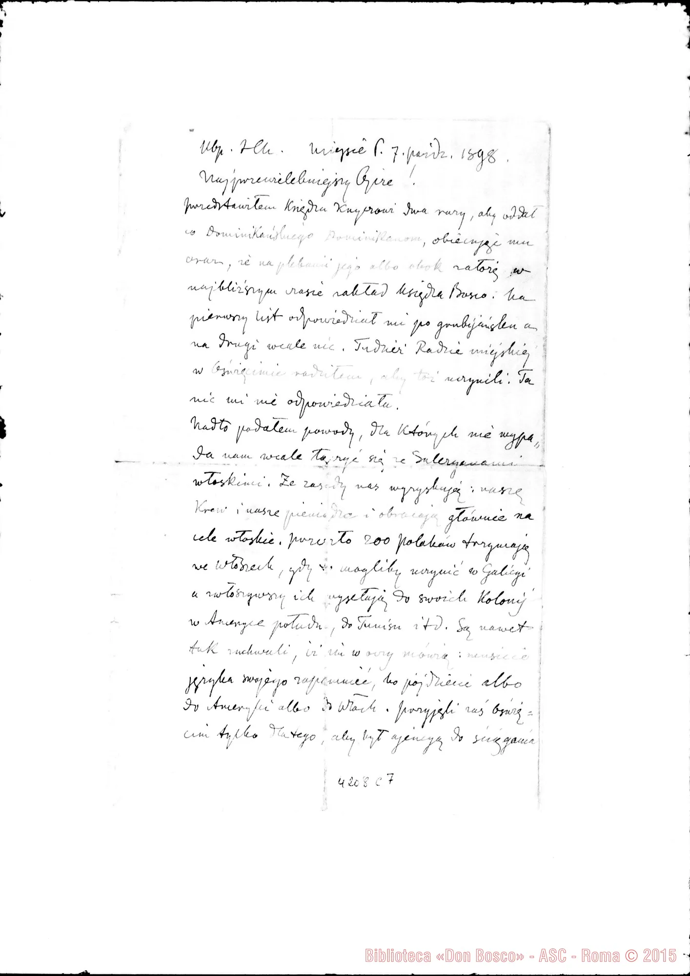 Fotogramma C 7 — Don Markiewicz: lettera, Miejsce P., 7-10-1898. All. traduzione ed osservazioni con spiegazioni della lett.