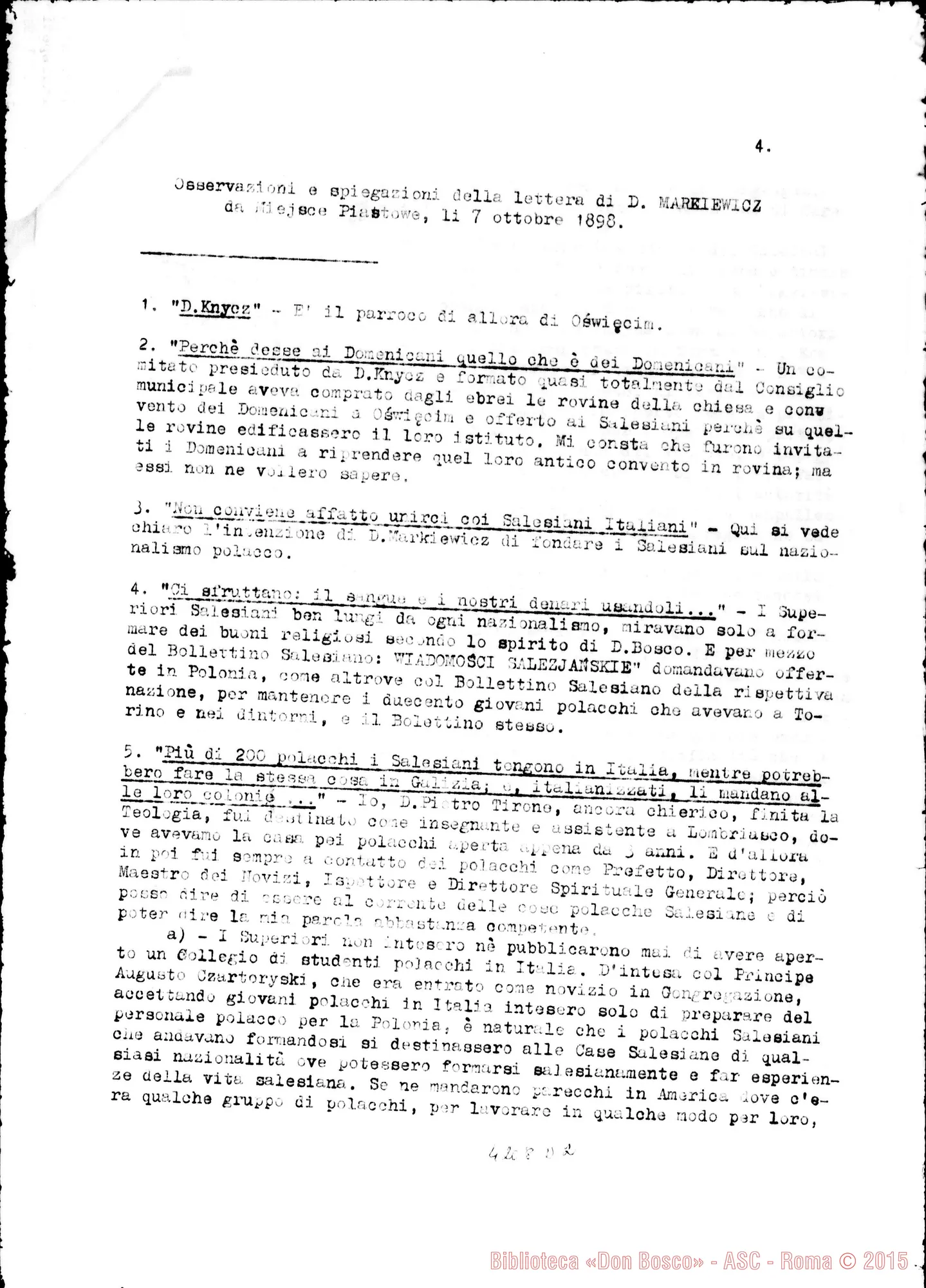 Fotogramma D 2 — Don Markiewicz: lettera, Miejsce P., 7-10-1898. All. traduzione ed osservazioni con spiegazioni della lett.