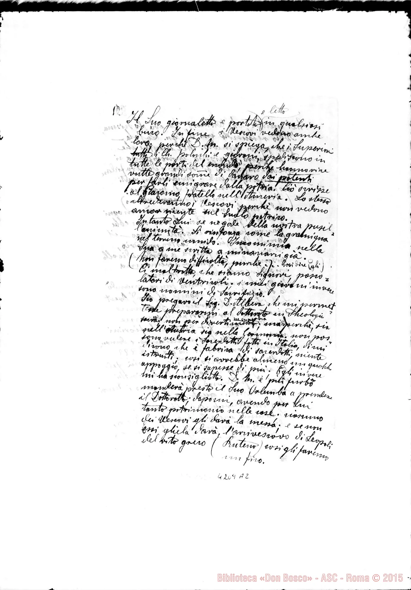Fotogramma A 2 — Don Sikora Pietro: lettera incompleta, senza data né luogo