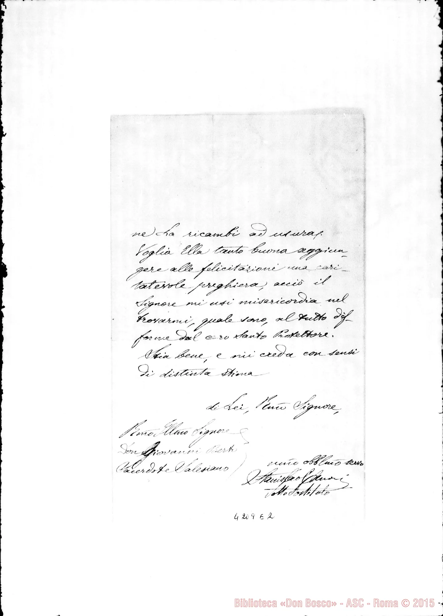 Fotogramma E 2 — Mons. Canori Stanislao-Don Berto. Roma, 13-11-1901. Biografia di D. Gio. Bosco
