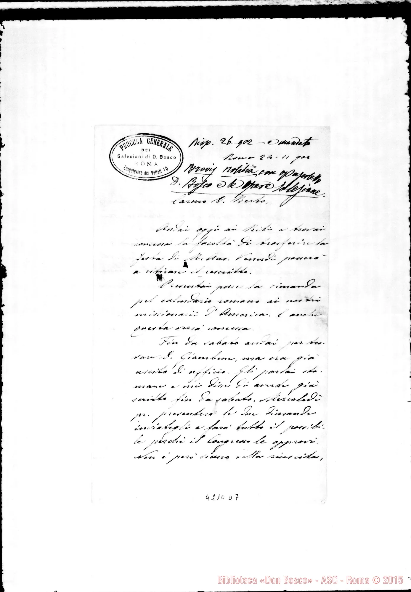 Fotogramma D 7 — Don Laureri-Don Berto. Roma, 24-11-1902. Festa di M. Aus. E Processo di D. Bosco